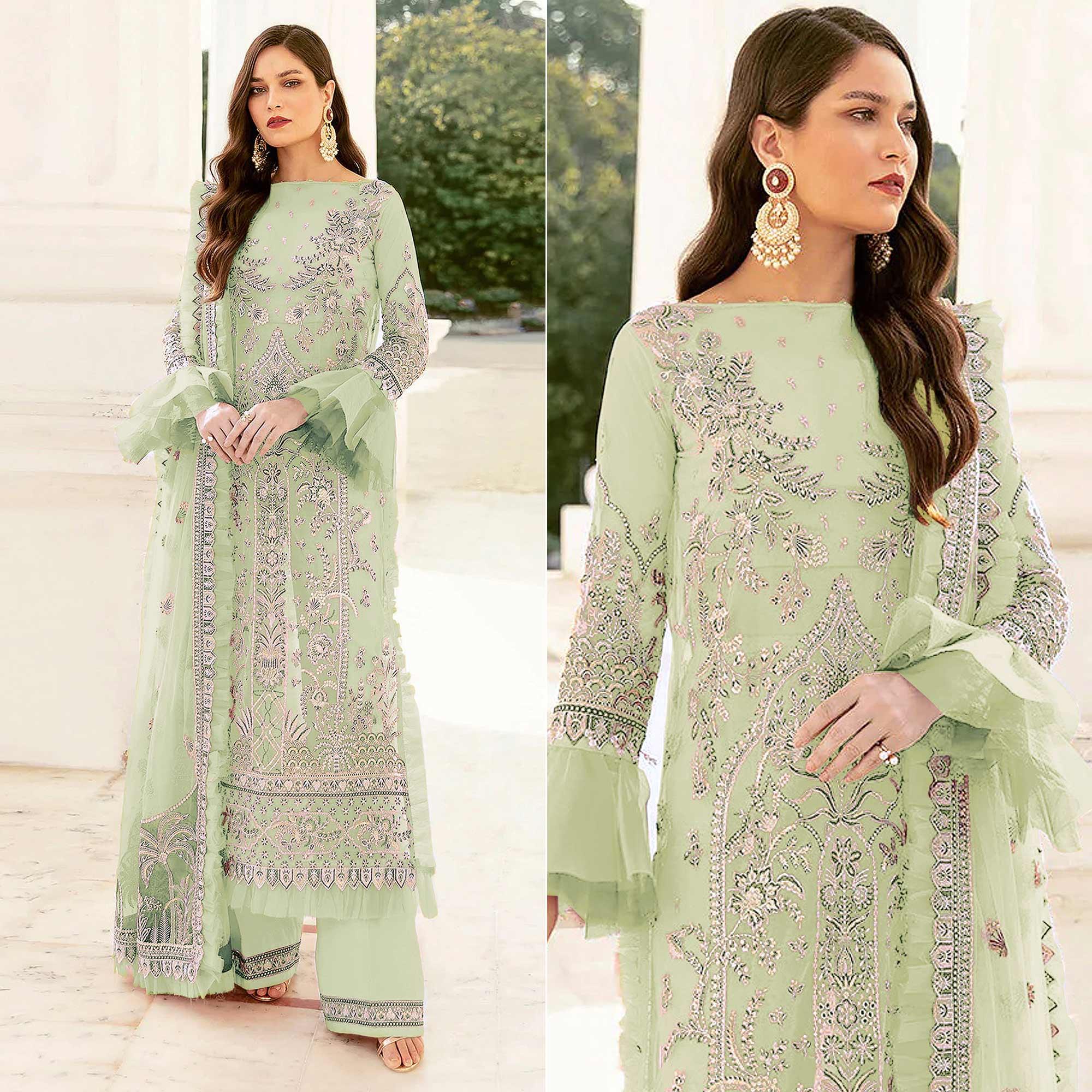 Lime Green Embroidered Netted Pakistani Suit - Peachmode