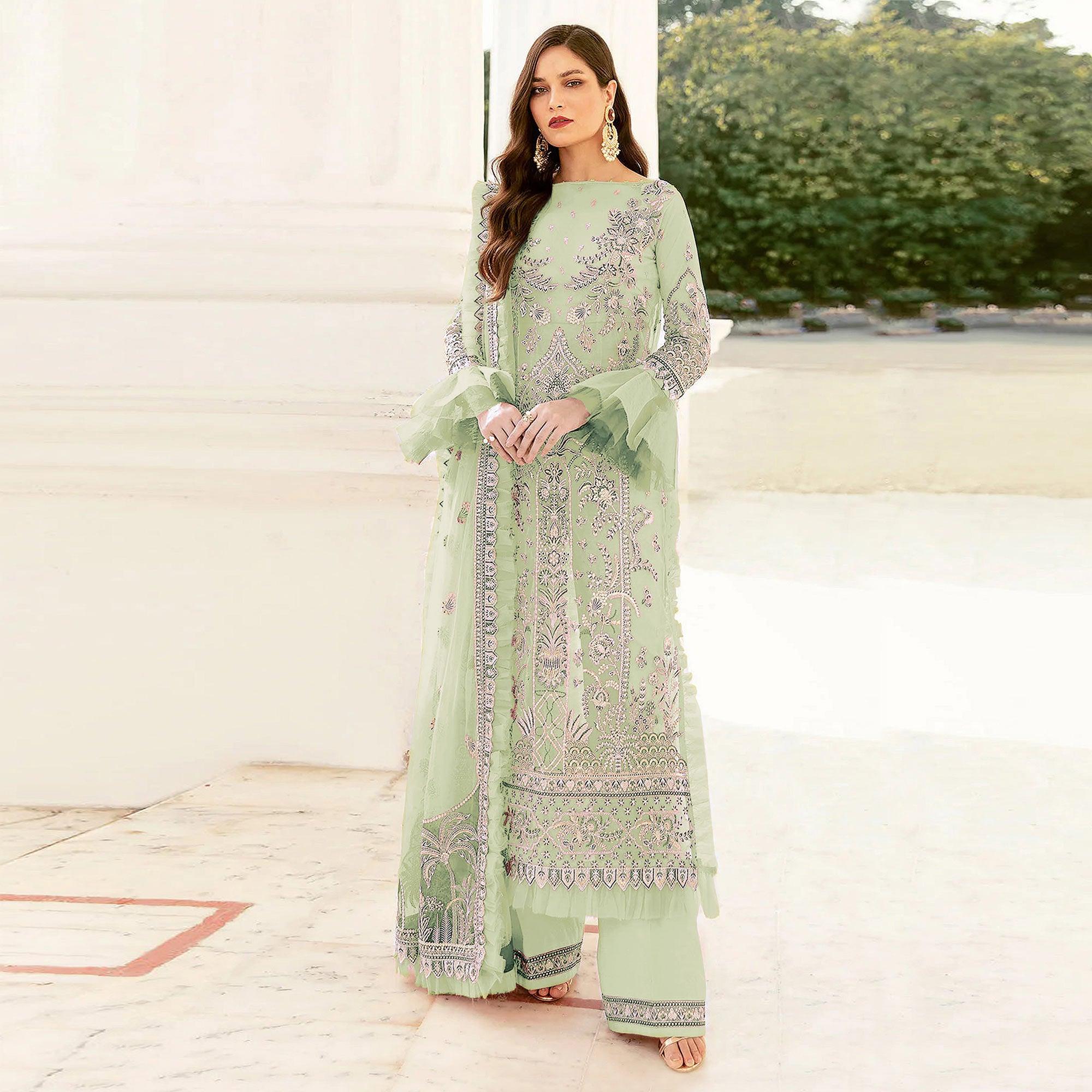 Lime Green Embroidered Netted Pakistani Suit - Peachmode