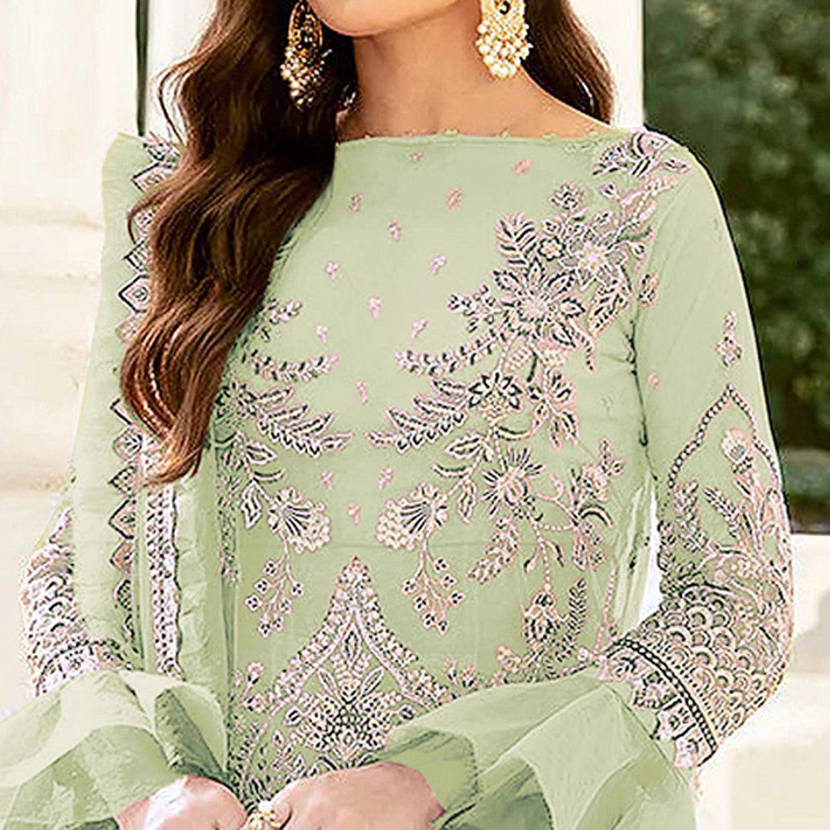 Lime Green Embroidered Netted Pakistani Suit - Peachmode