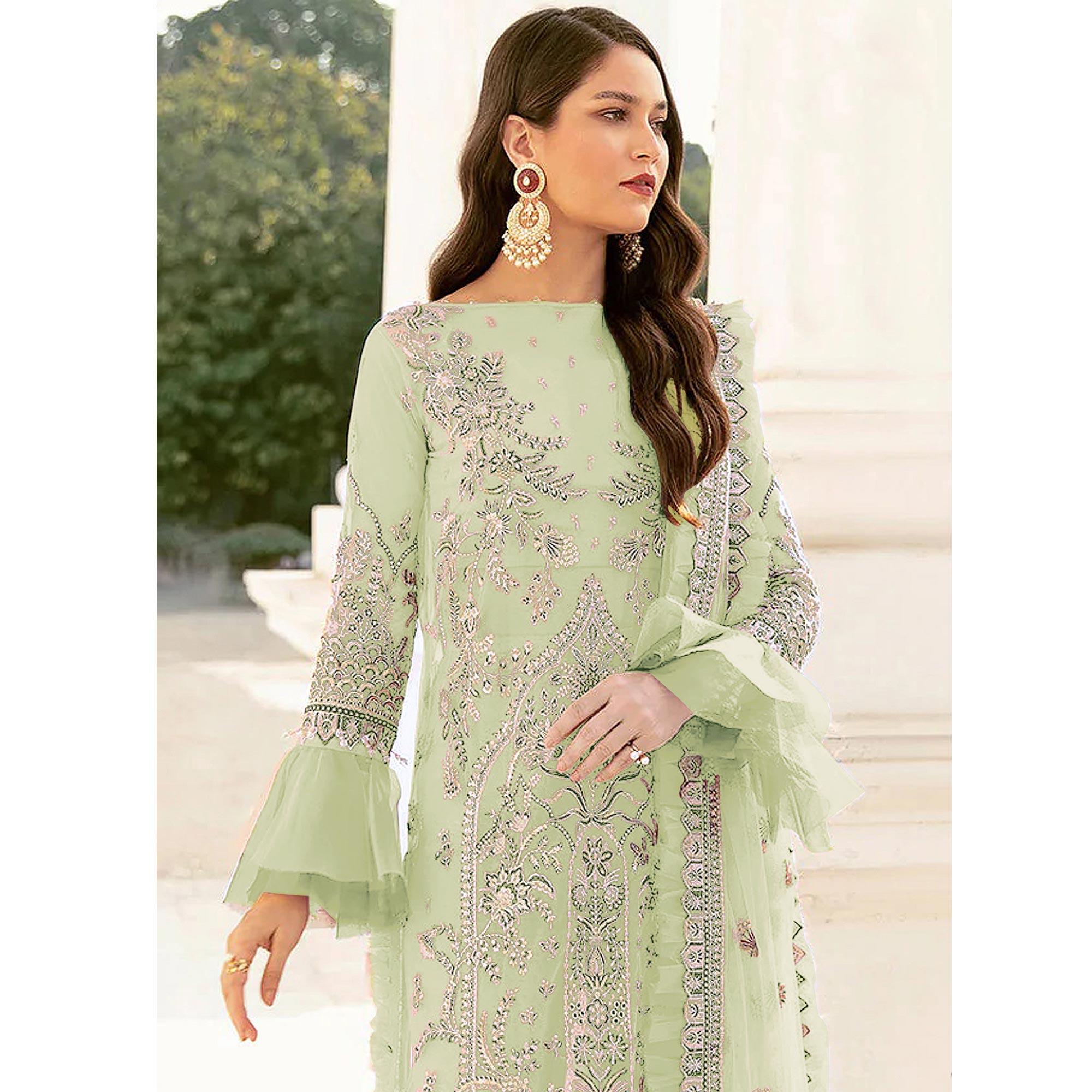 Lime Green Embroidered Netted Pakistani Suit - Peachmode