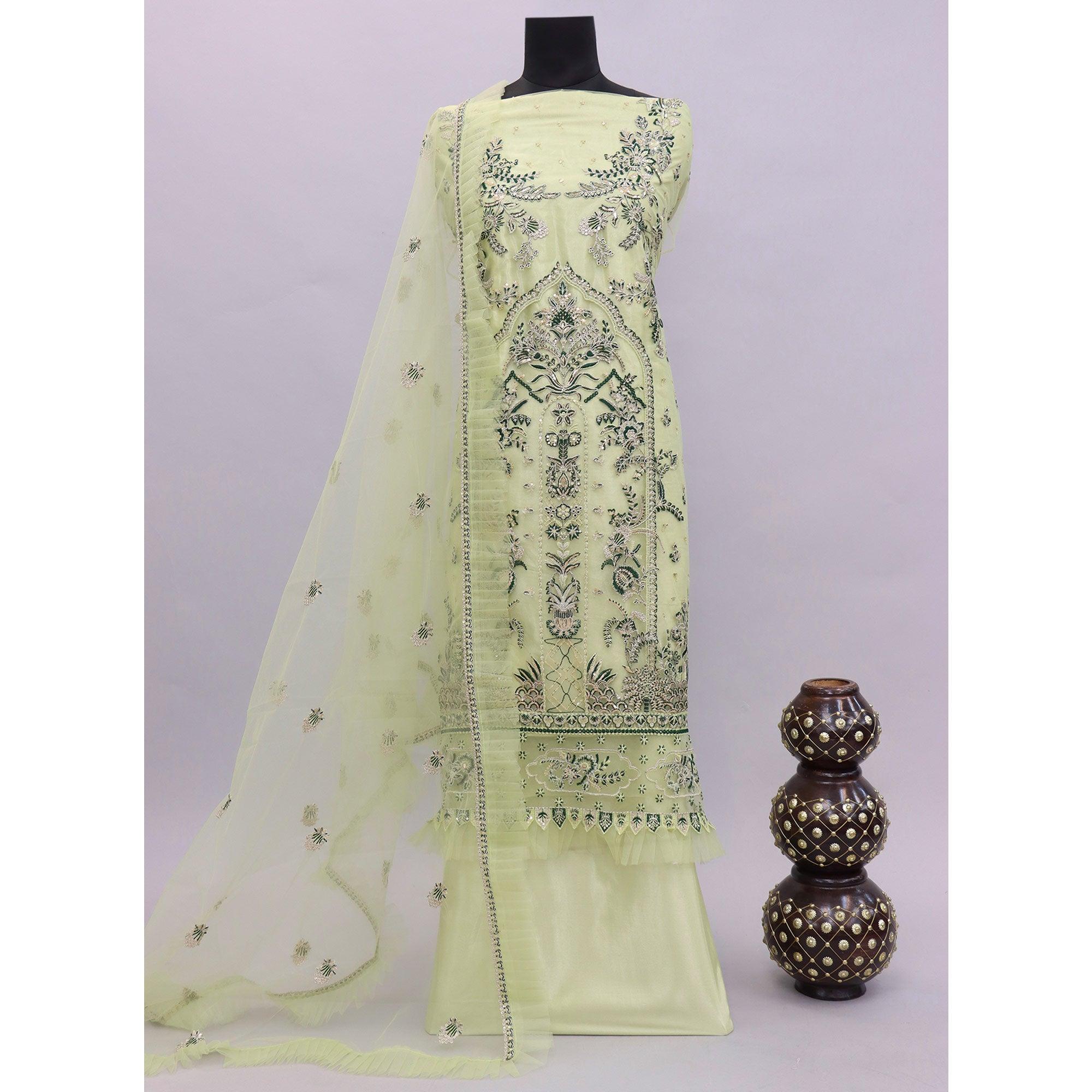 Lime Green Embroidered Netted Pakistani Suit - Peachmode