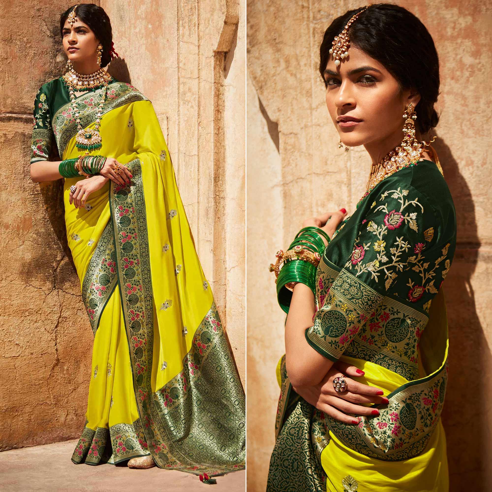 Lime Green Festive Wear Woven-Embroidered Silk Saree - Peachmode