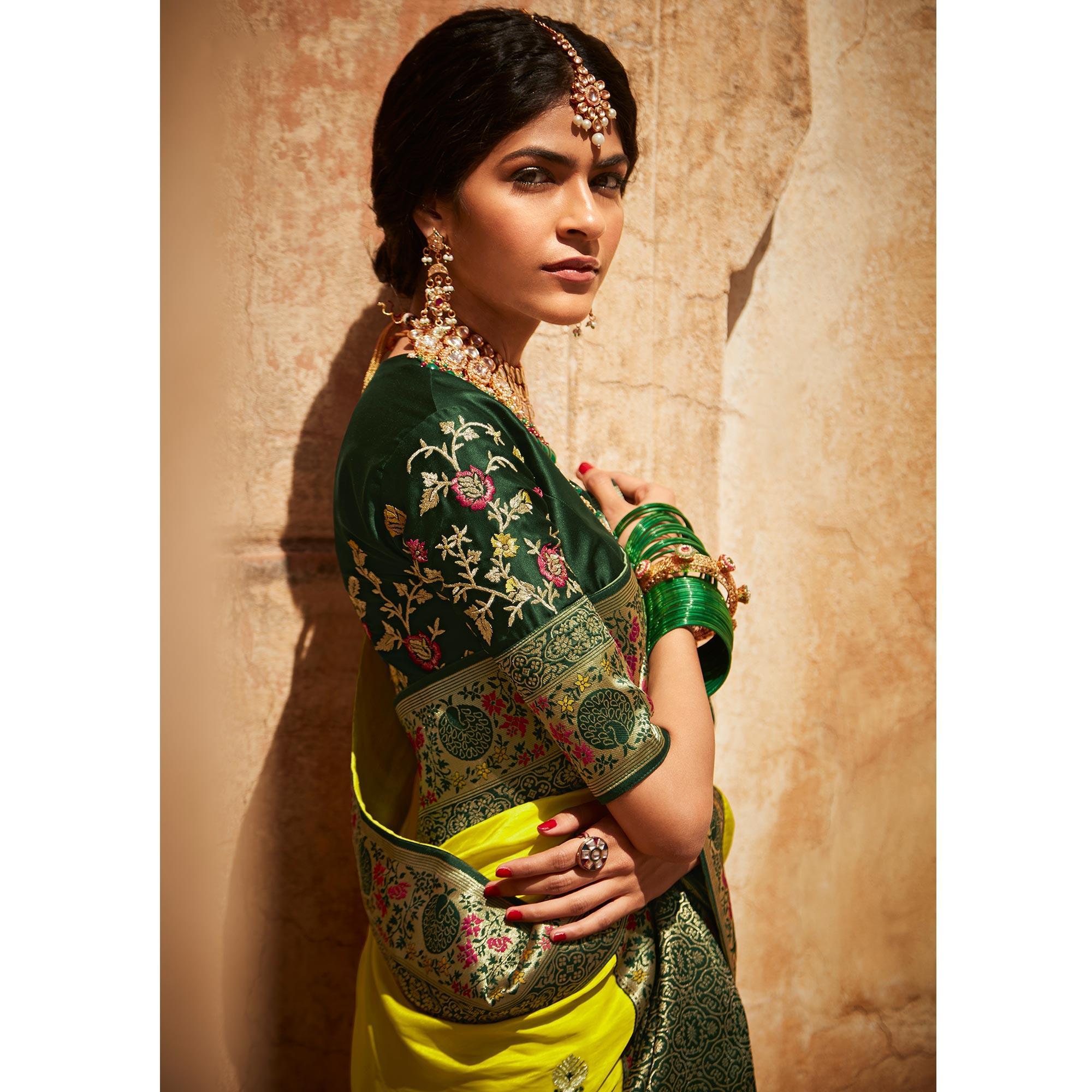 Lime Green Festive Wear Woven-Embroidered Silk Saree - Peachmode