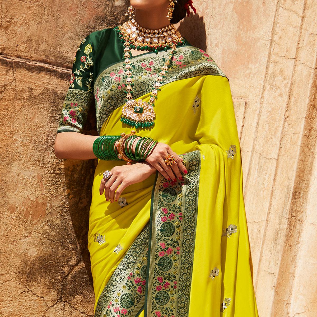 Lime Green Festive Wear Woven-Embroidered Silk Saree - Peachmode