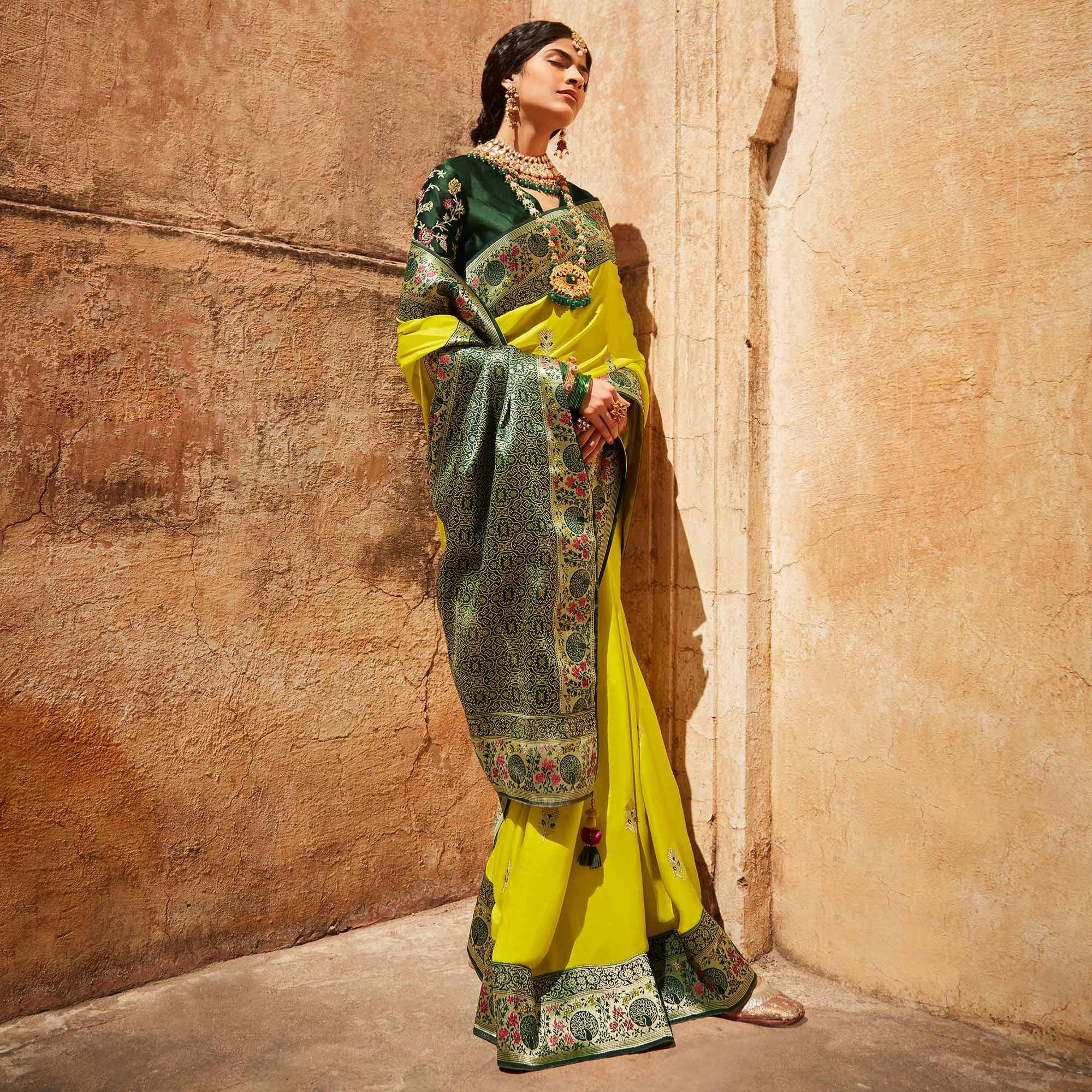 Lime Green Festive Wear Woven-Embroidered Silk Saree - Peachmode