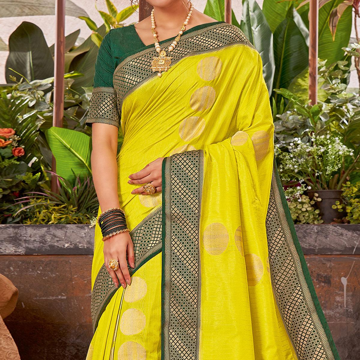 Lime Green Festive Wear Woven Silk Saree With Tassels - Peachmode