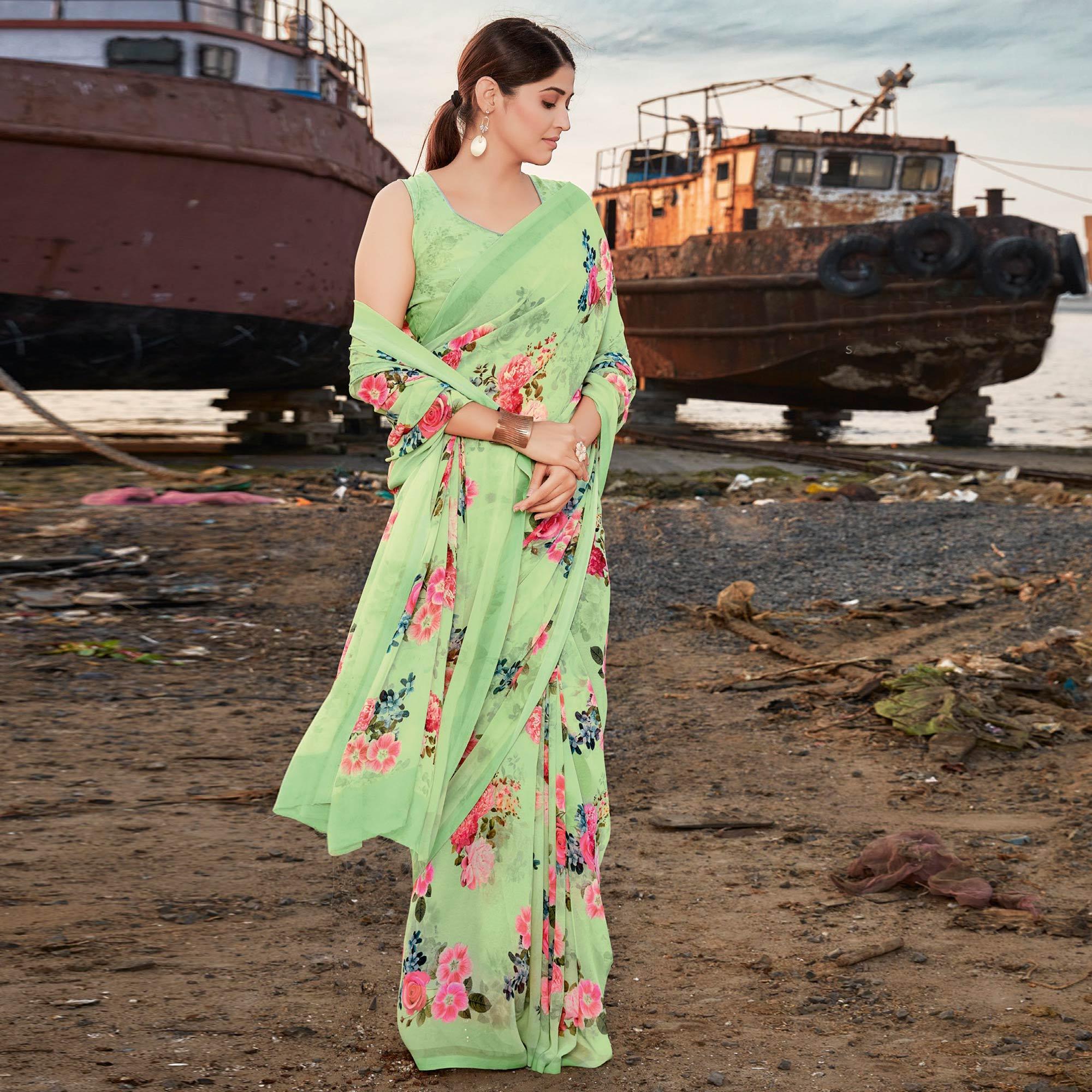 Lime-Green Multicolor Festive Wear Floral Printed Georgette Saree - Peachmode