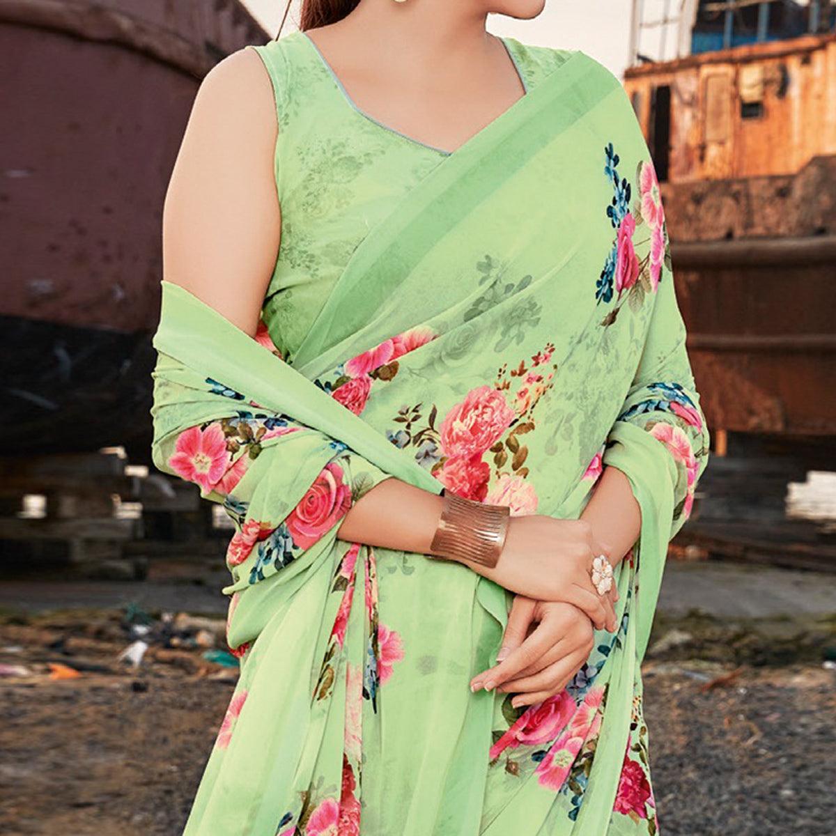 Lime-Green Multicolor Festive Wear Floral Printed Georgette Saree - Peachmode