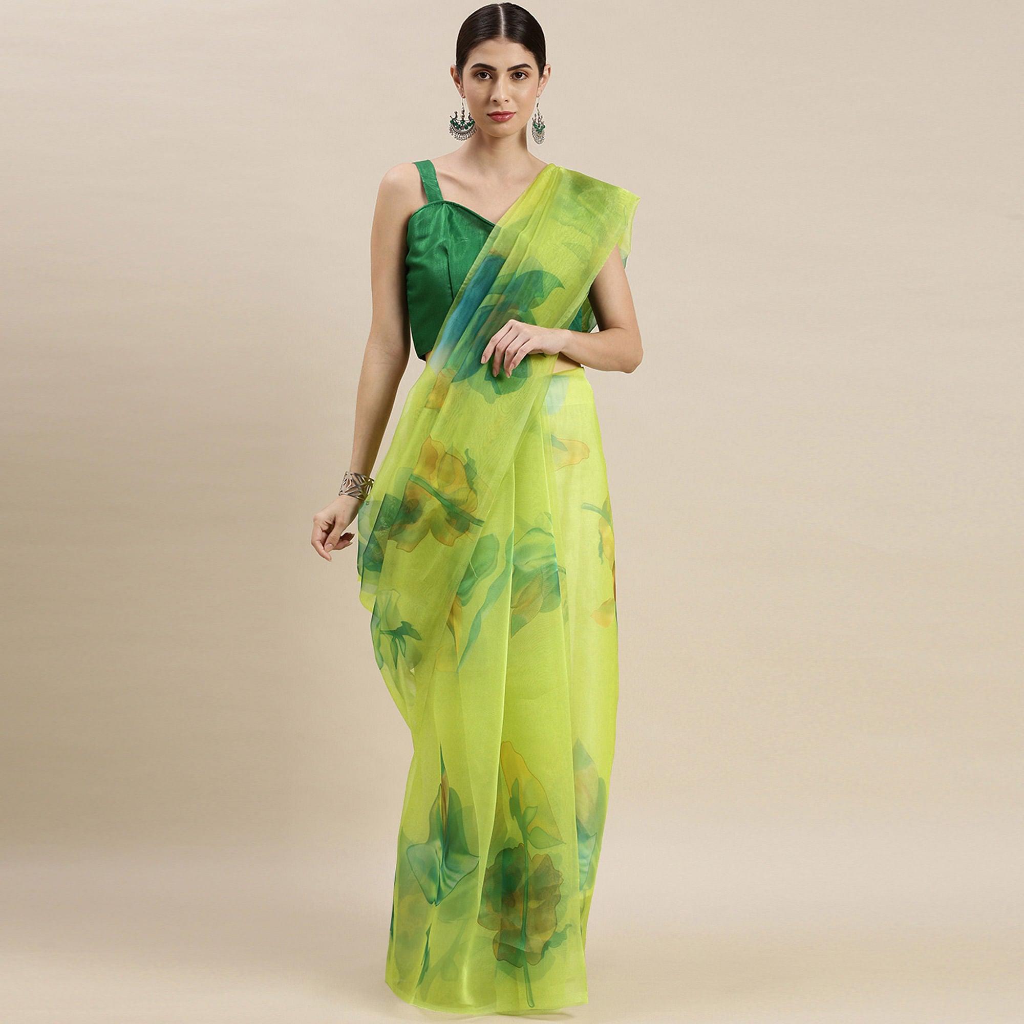 Lime Green Partywear Printed Organza Saree - Peachmode