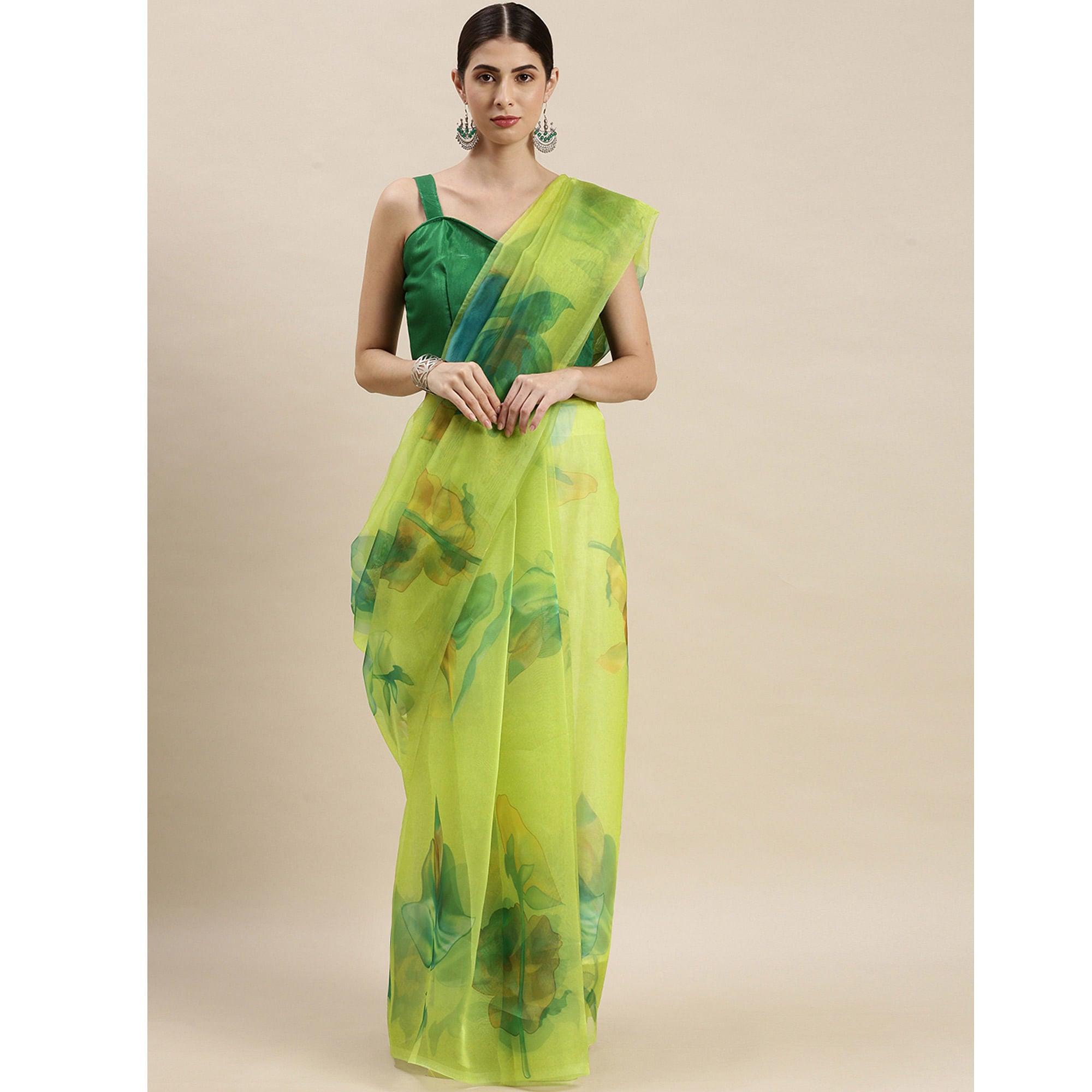 Lime Green Partywear Printed Organza Saree - Peachmode