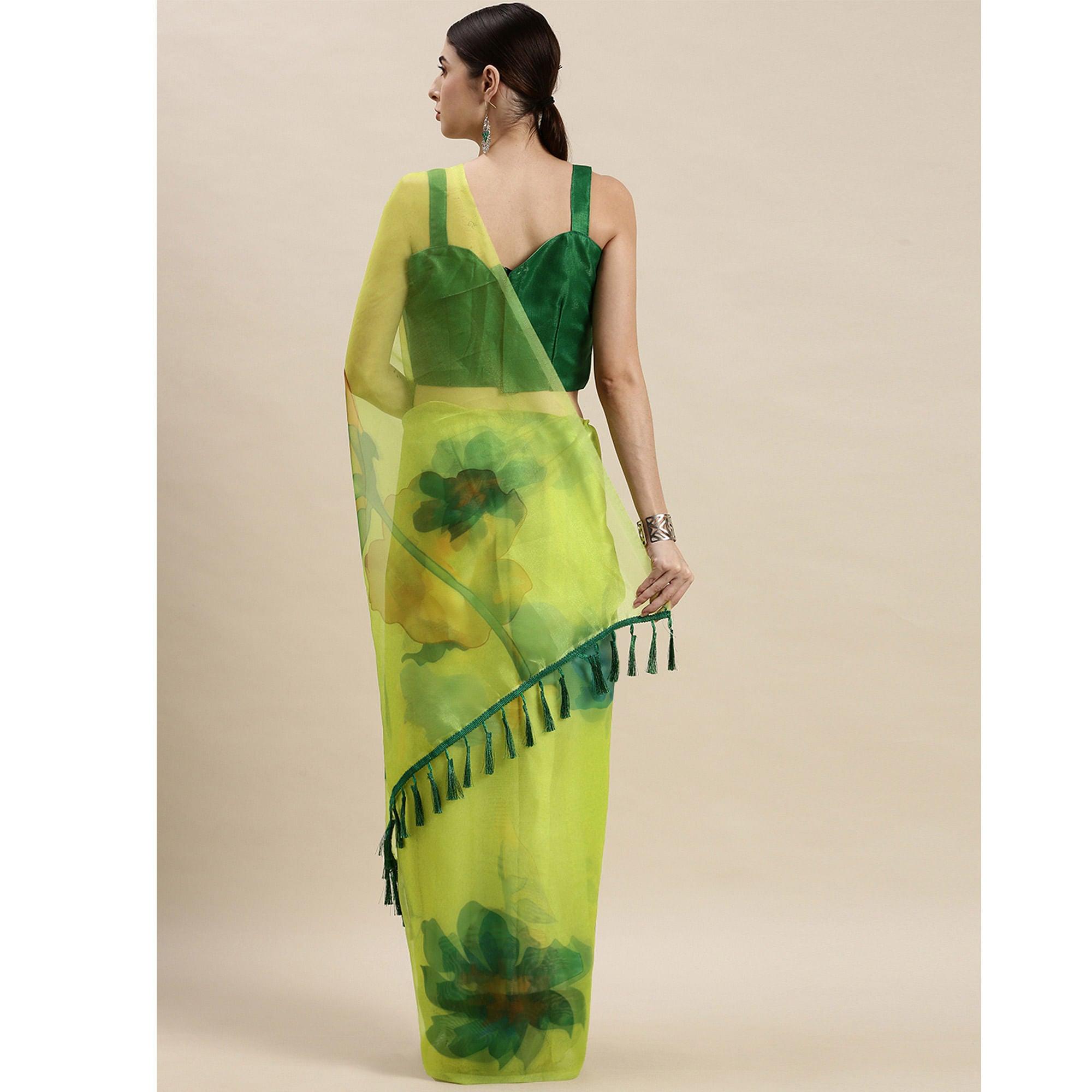Lime Green Partywear Printed Organza Saree - Peachmode
