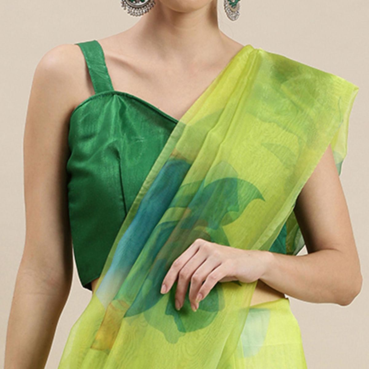 Lime Green Partywear Printed Organza Saree - Peachmode