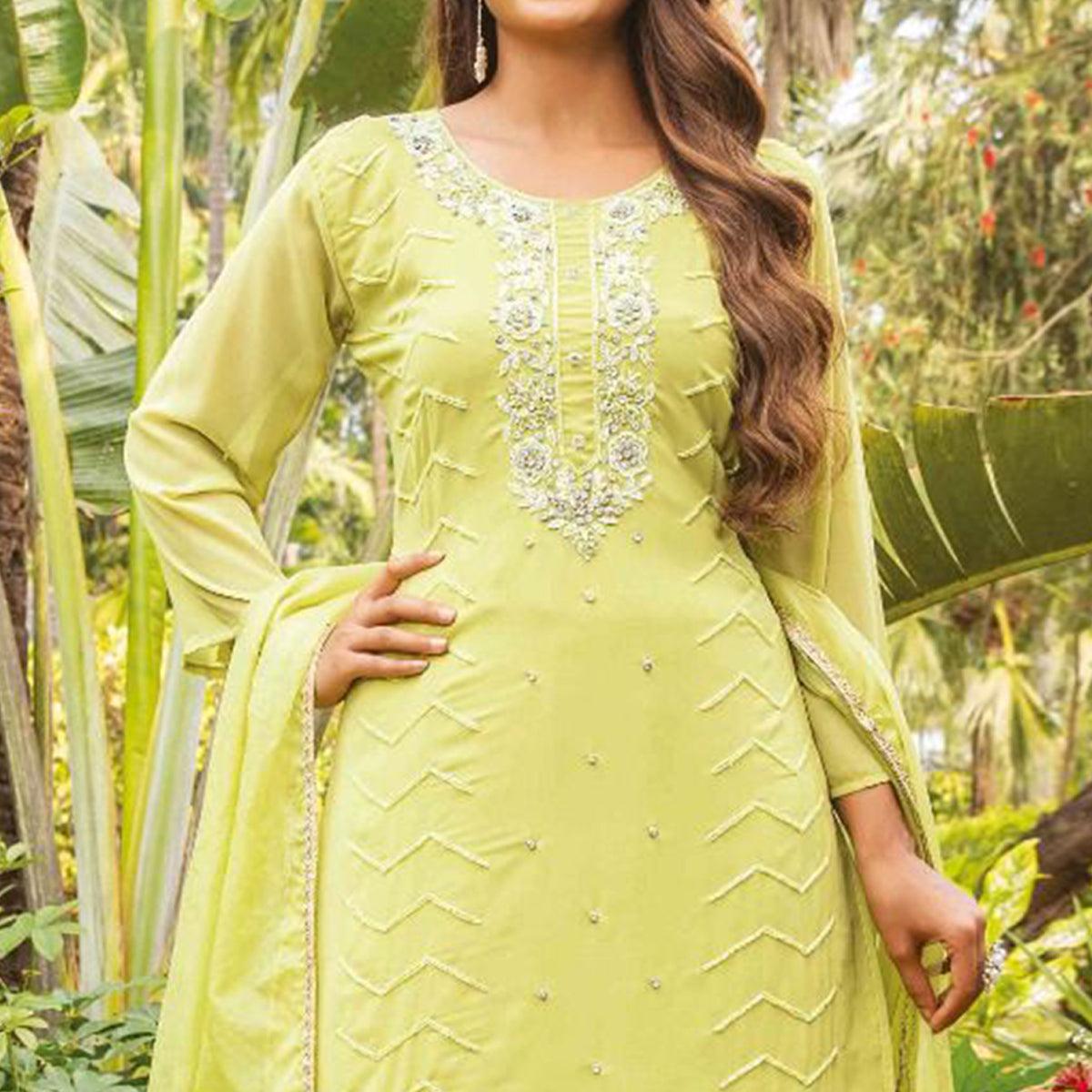 Lime Green Partywear Resham With Cutdana & Embellished Georgette Sharara Suit - Peachmode