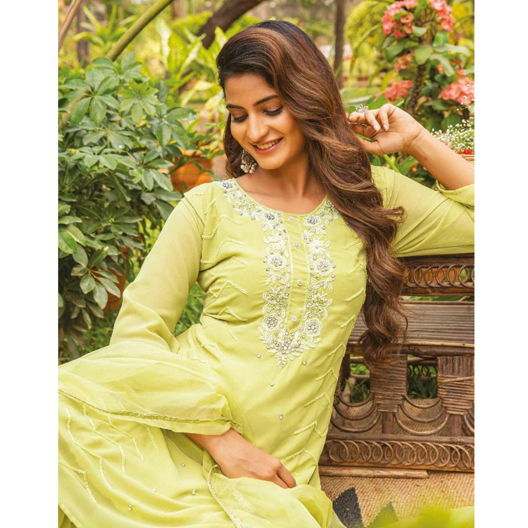 Lime Green Partywear Resham With Cutdana & Embellished Georgette Sharara Suit - Peachmode