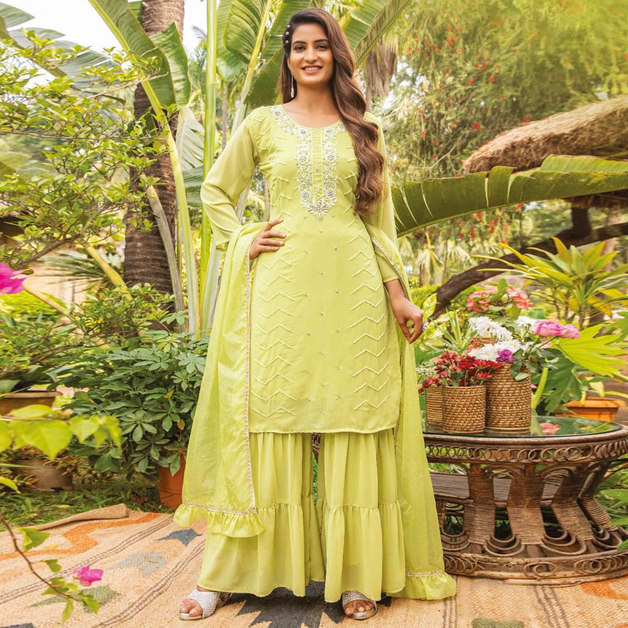 Lime Green Partywear Resham With Cutdana & Embellished Georgette Sharara Suit - Peachmode