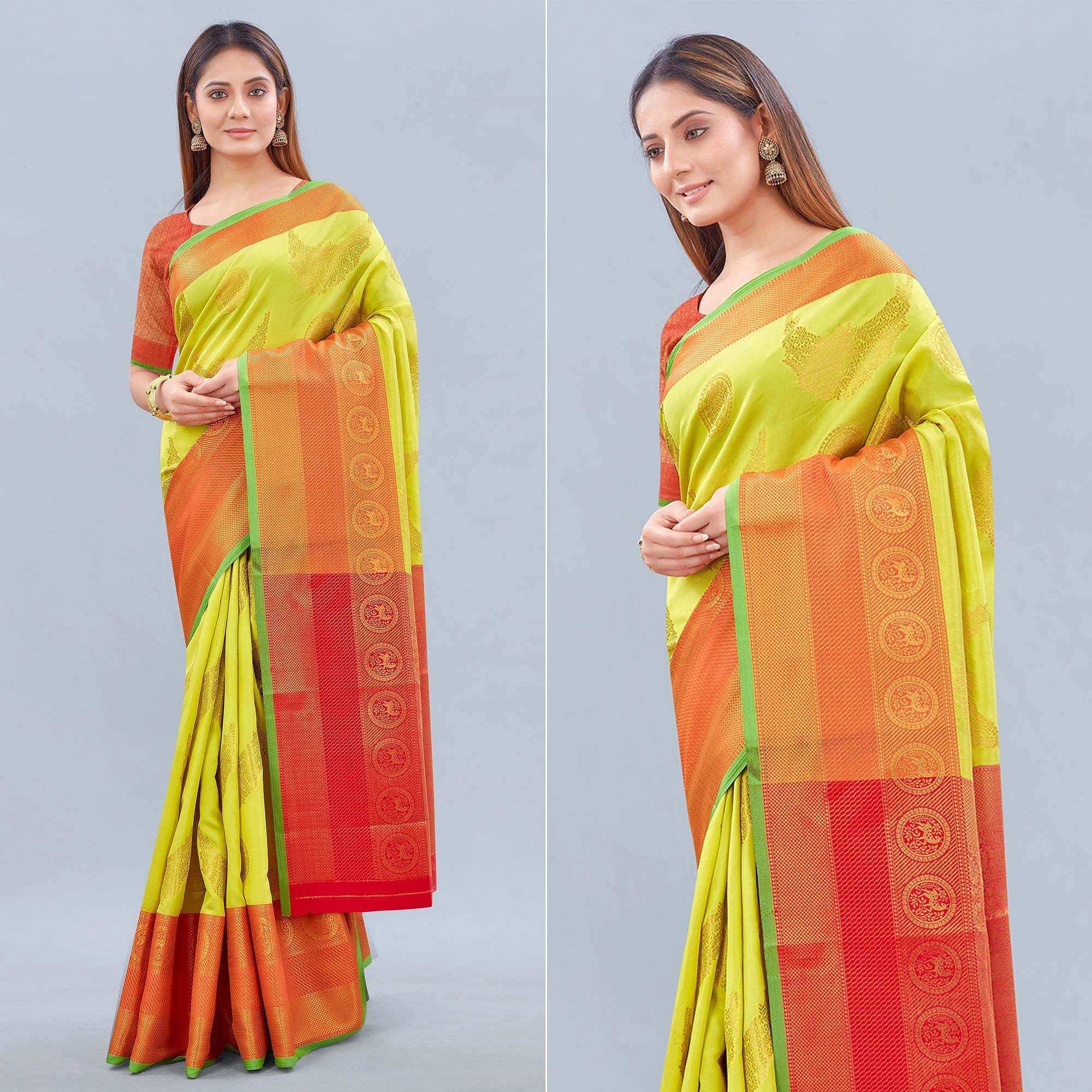 Lime Green Woven Banarasi Silk Saree - Peachmode