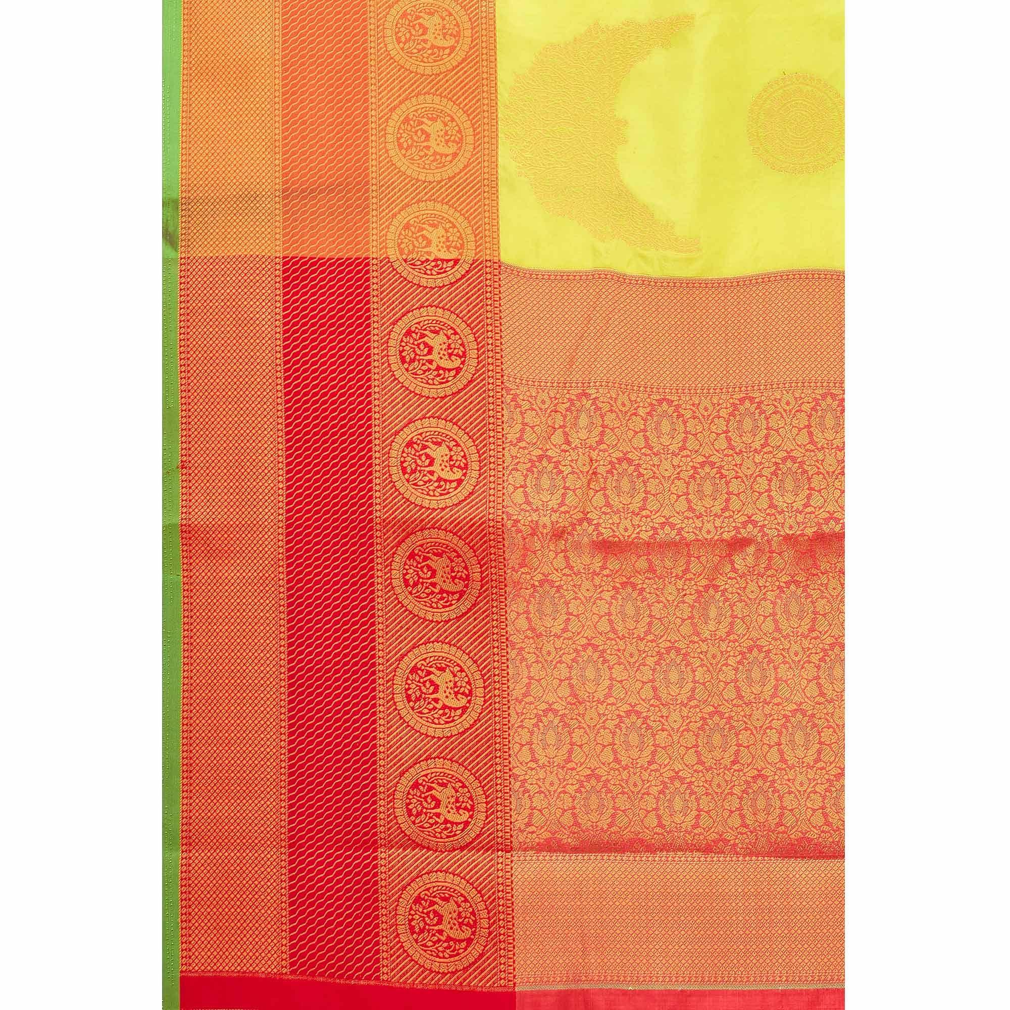 Lime Green Woven Banarasi Silk Saree - Peachmode