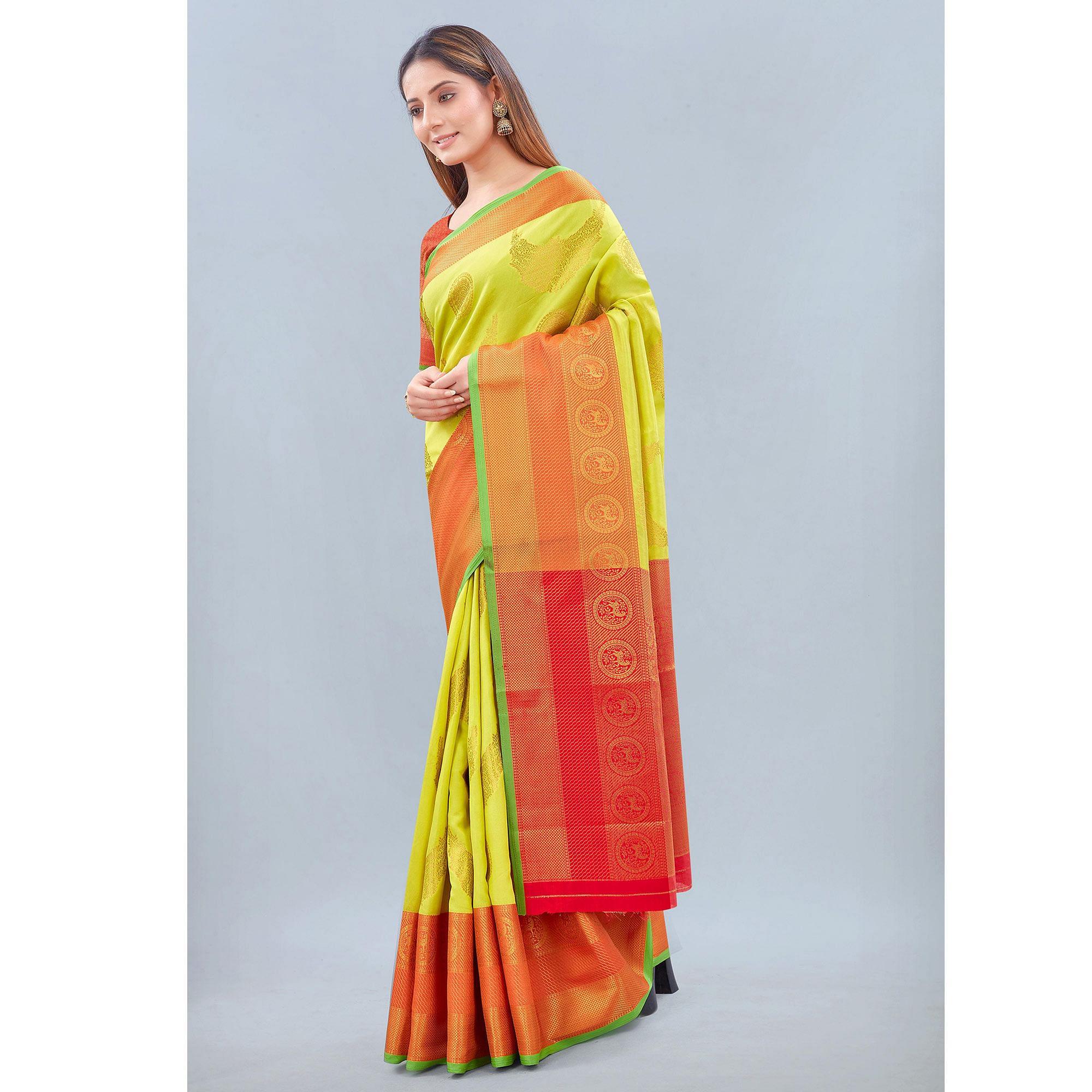 Lime Green Woven Banarasi Silk Saree - Peachmode