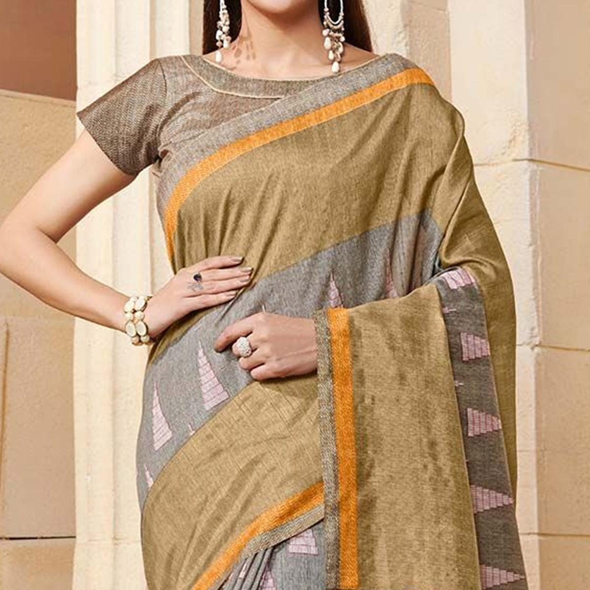 Lovely Beige Colored Casual Wear Printed Bhagalpuri Silk Saree - Peachmode