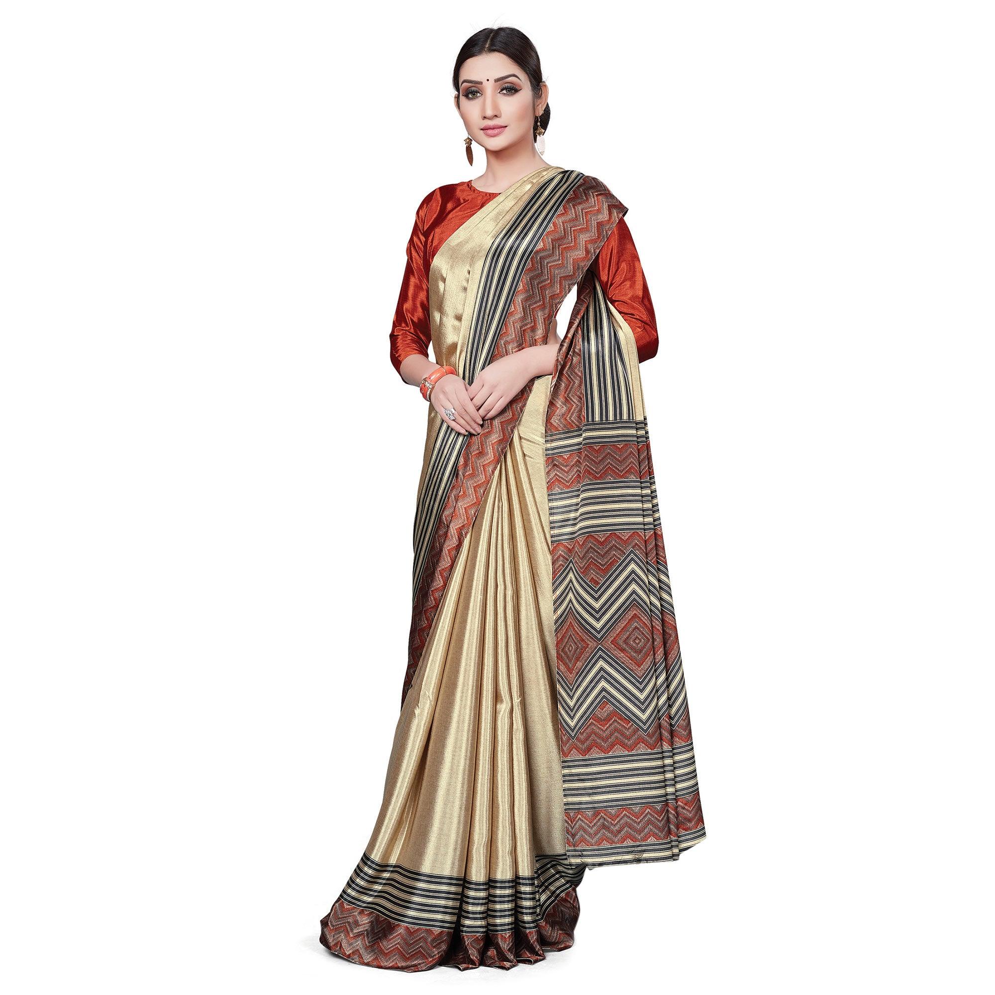 Lovely Beige Colored Casual Wear Printed Crepe Saree - Peachmode