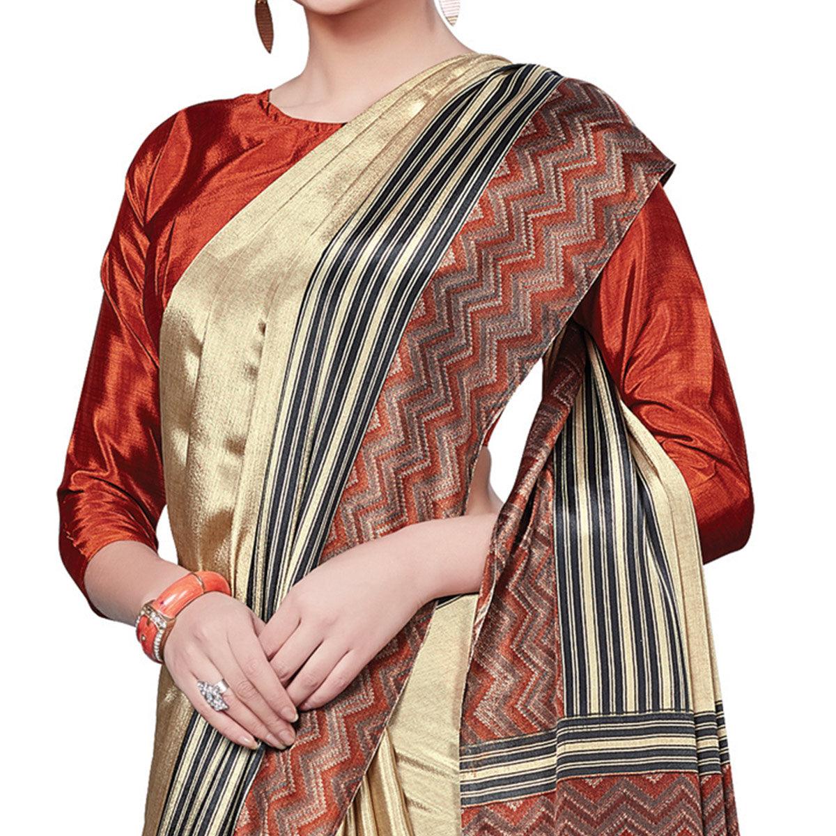 Lovely Beige Colored Casual Wear Printed Crepe Saree - Peachmode