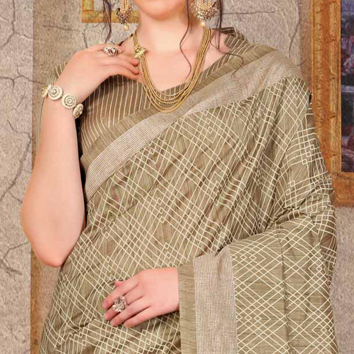 Lovely Beige Colored Festive Wear Printed Bhagalpuri Silk Saree - Peachmode