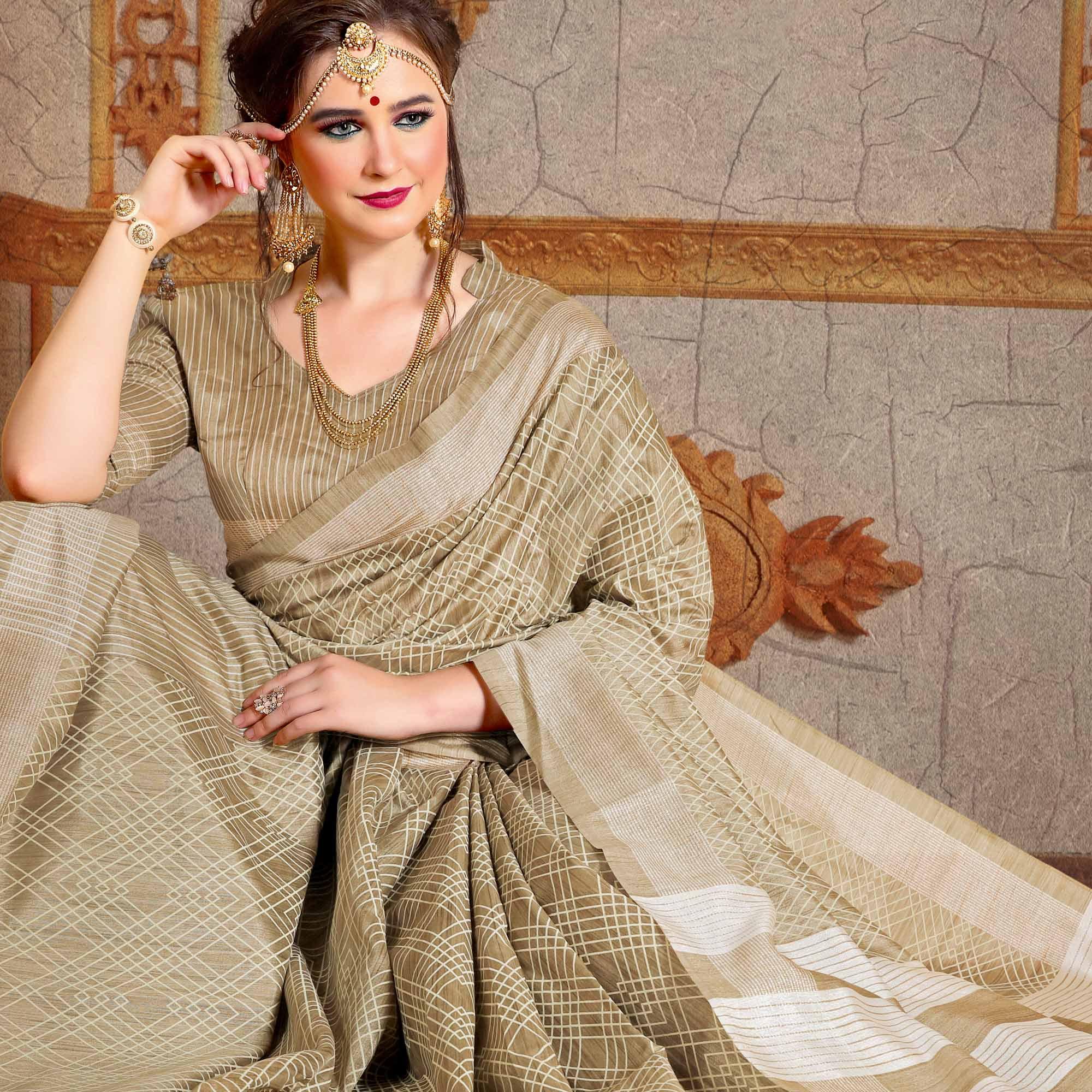 Lovely Beige Colored Festive Wear Printed Bhagalpuri Silk Saree - Peachmode