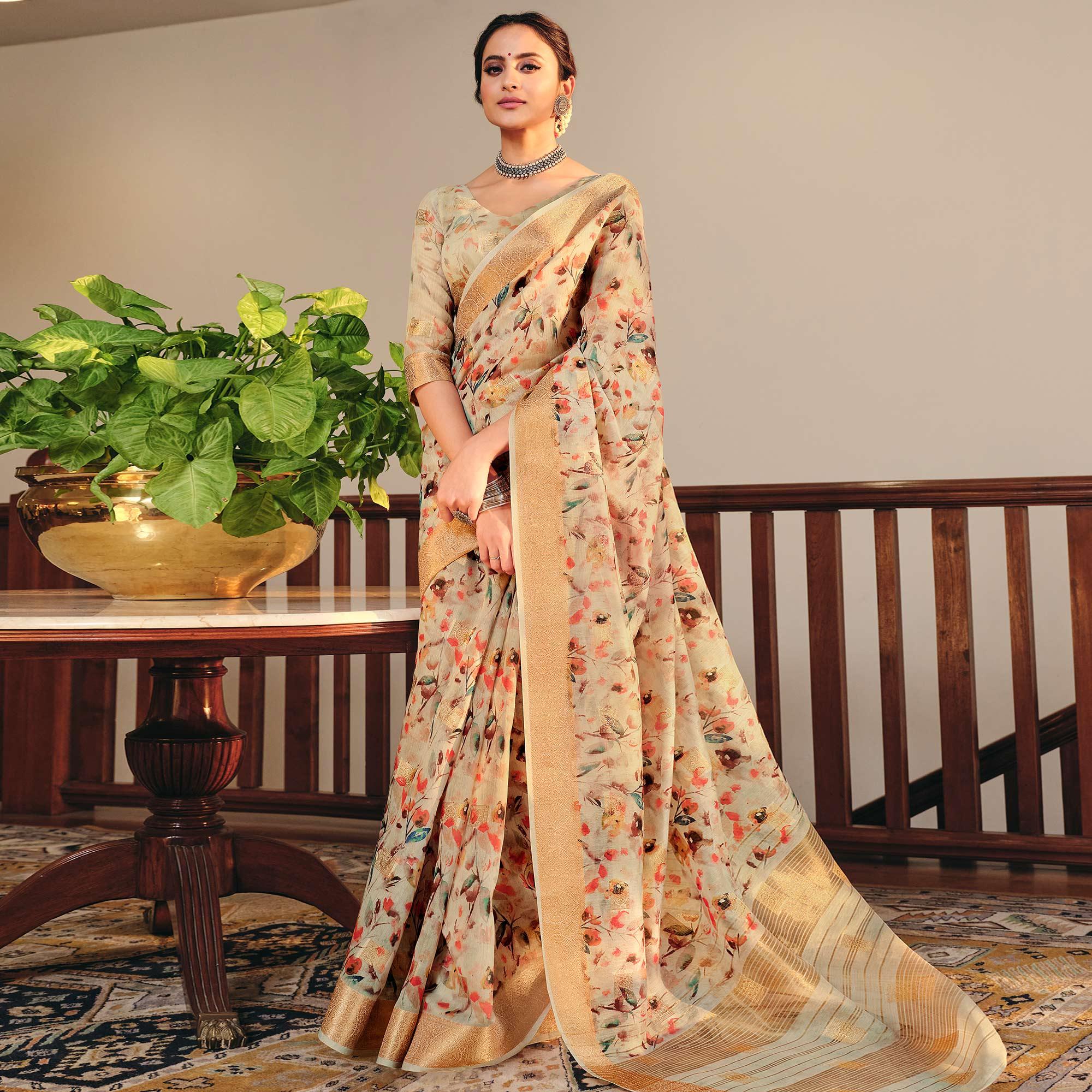 Lovely Beige Colored Party Wear Digital Printed Linen Saree - Peachmode