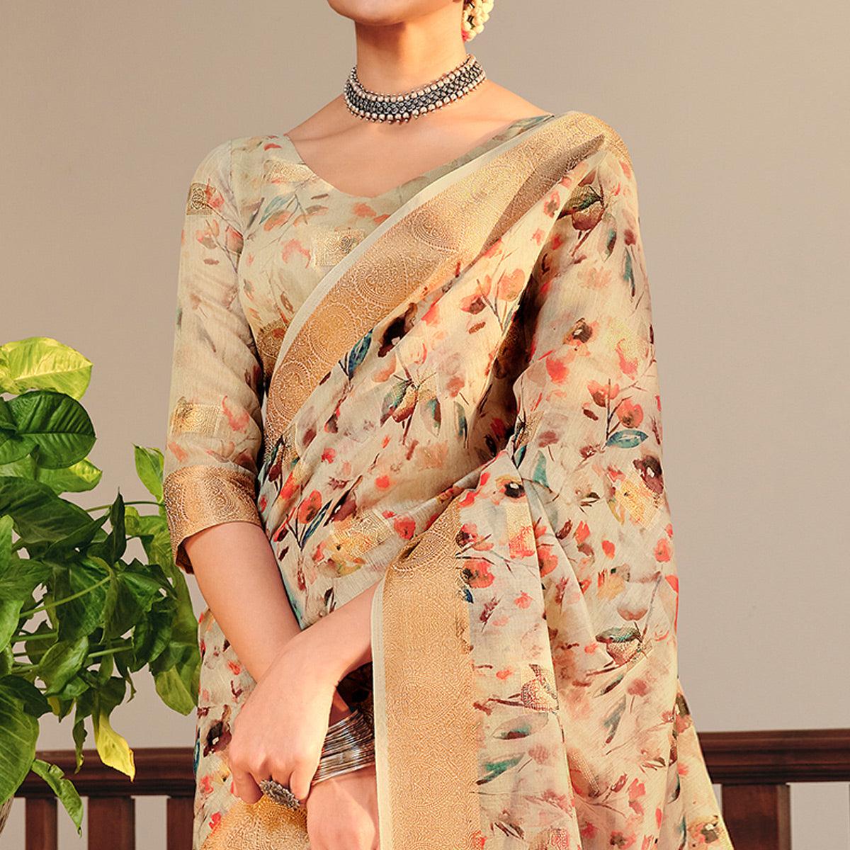 Lovely Beige Colored Party Wear Digital Printed Linen Saree - Peachmode