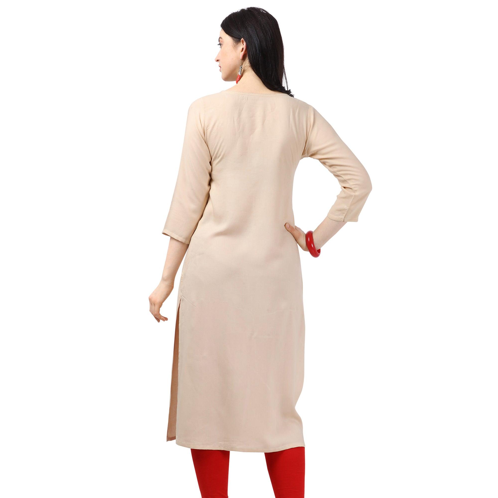 Lovely Beige Colored Partywear Embellished Rayon Kurti - Peachmode