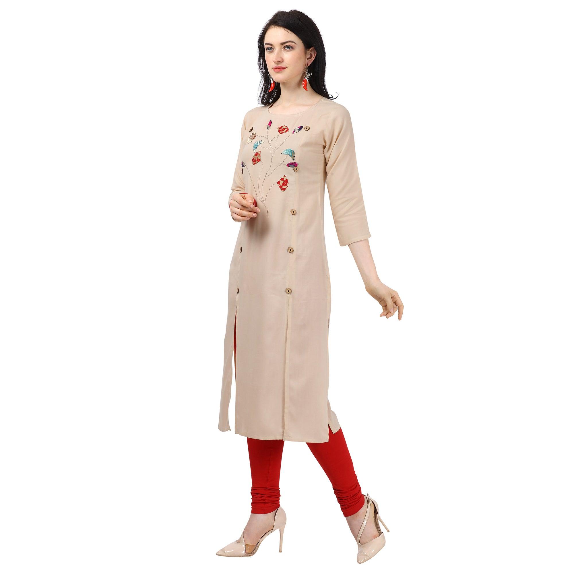Lovely Beige Colored Partywear Embellished Rayon Kurti - Peachmode