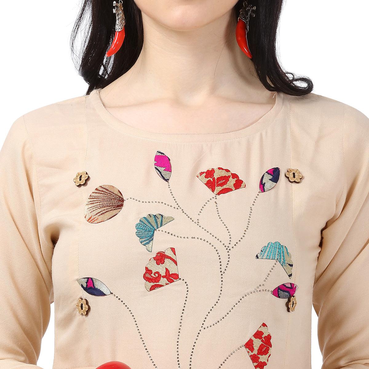 Lovely Beige Colored Partywear Embellished Rayon Kurti - Peachmode