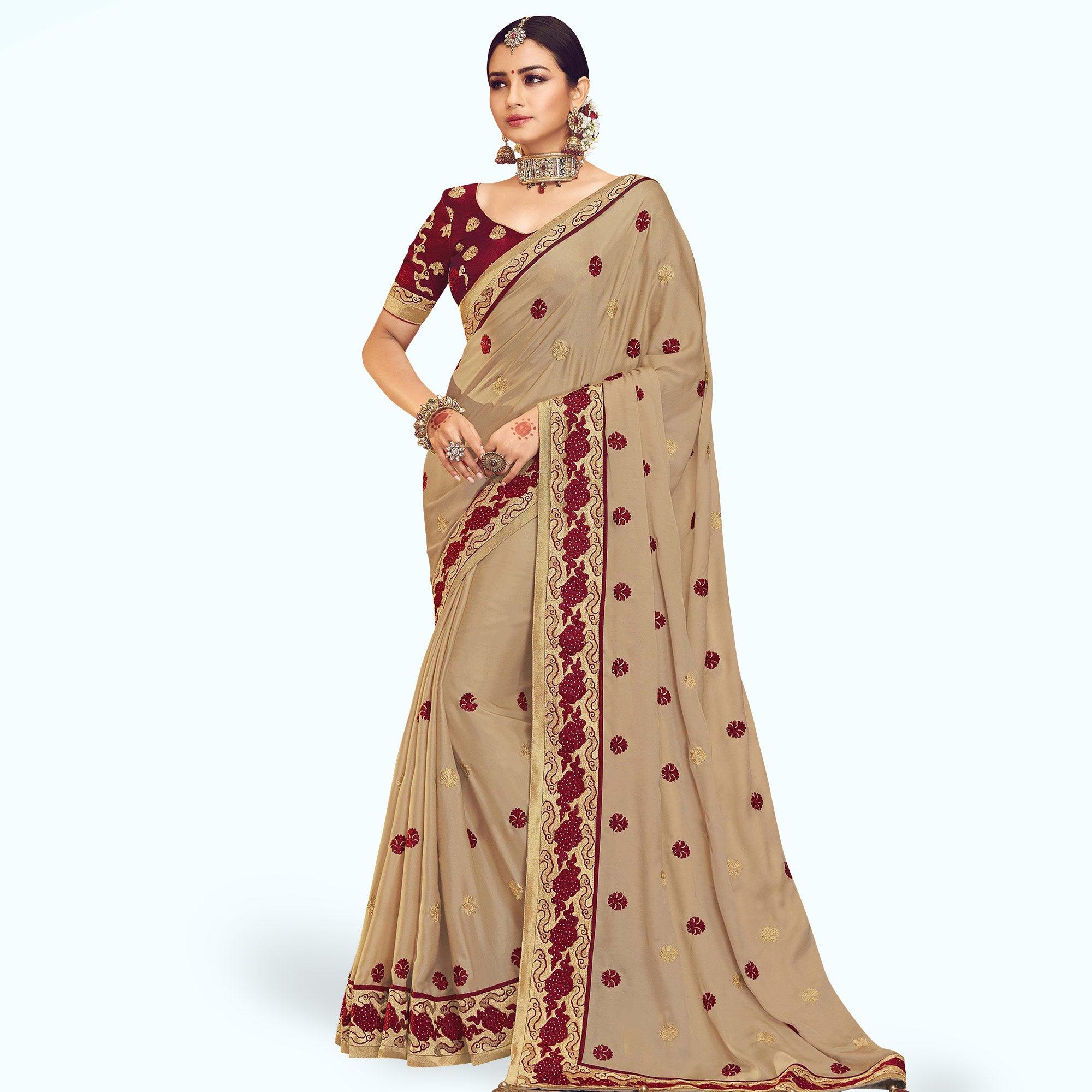 Lovely Beige Colored Partywear Embroidered Chinon Silk Saree - Peachmode