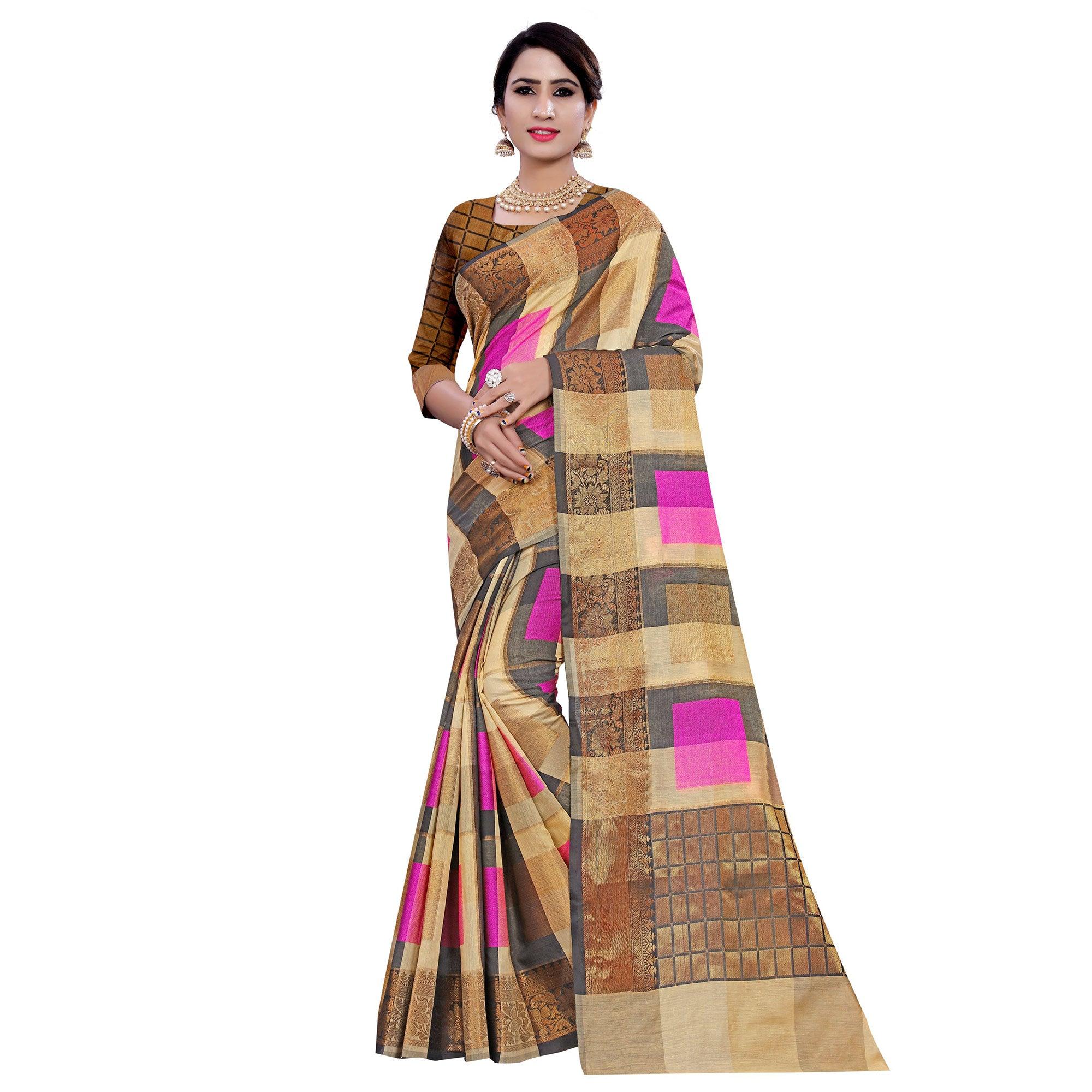 Lovely Beige-Pink Colored Casual Printed Pure Cotton Jacquard Saree - Peachmode