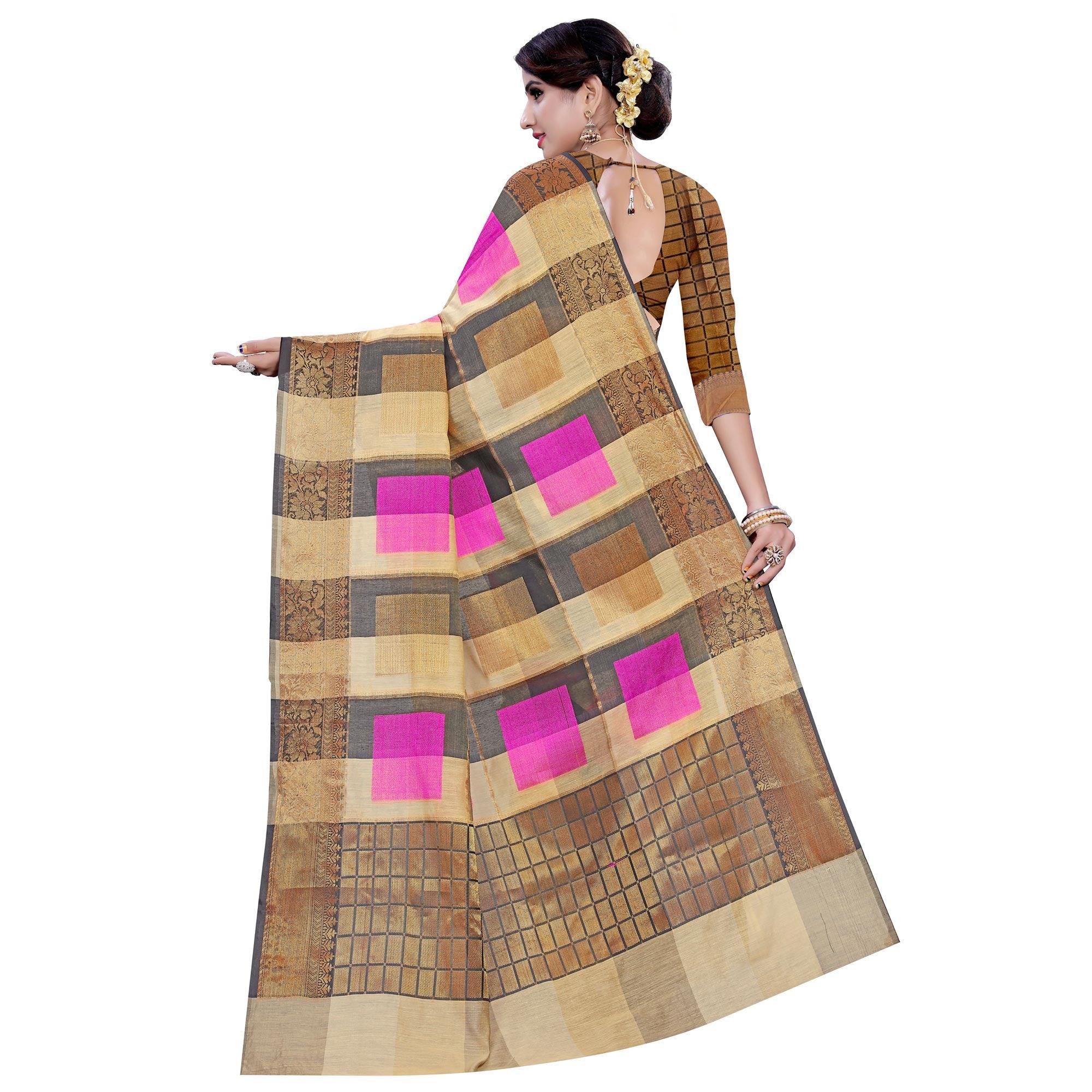 Lovely Beige-Pink Colored Casual Printed Pure Cotton Jacquard Saree - Peachmode