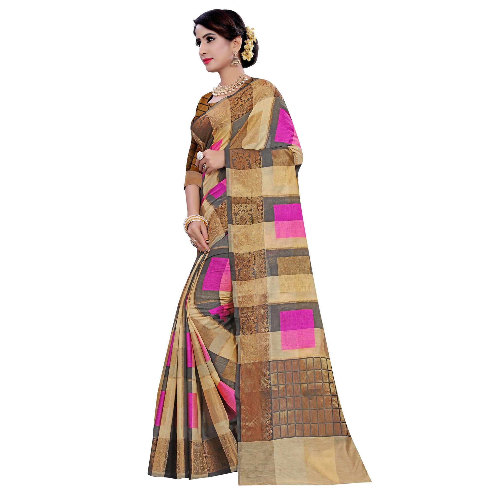 Lovely Beige-Pink Colored Casual Printed Pure Cotton Jacquard Saree - Peachmode