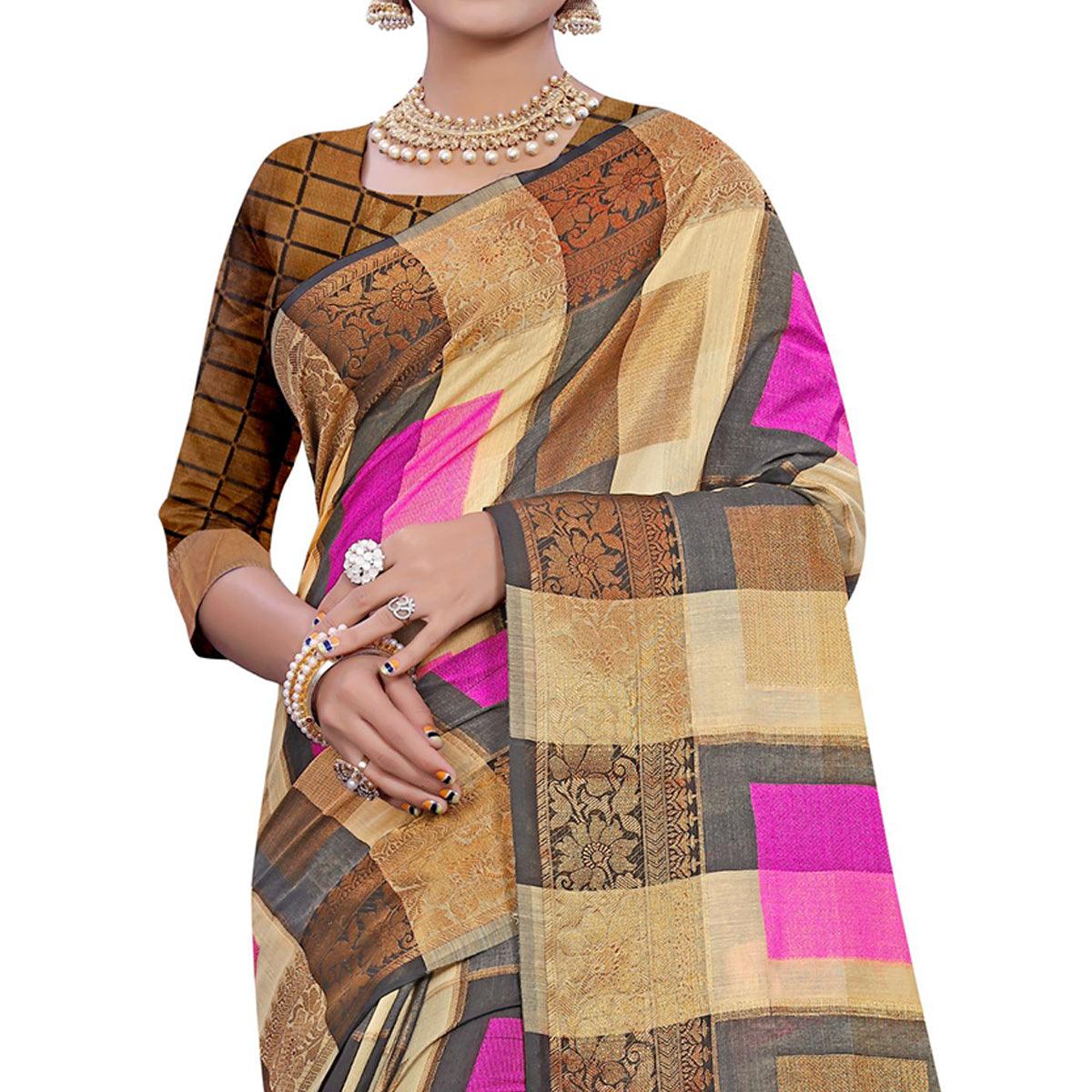 Lovely Beige-Pink Colored Casual Printed Pure Cotton Jacquard Saree - Peachmode