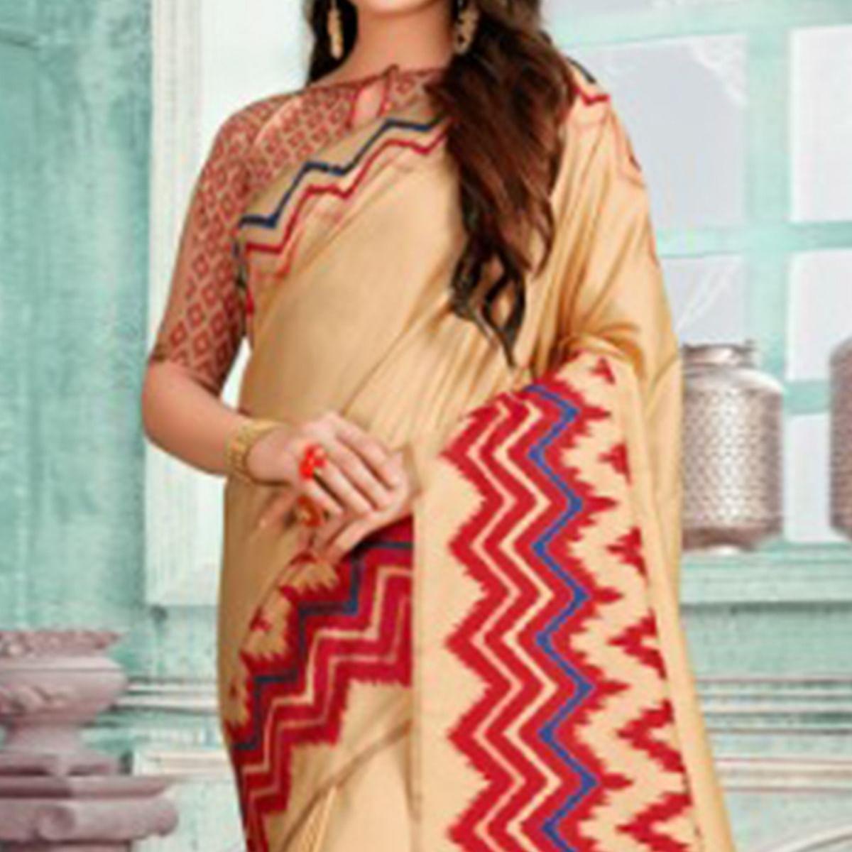 Lovely Beige-Red Colored Festive Wear Printed Cotton Silk Saree With Tassels - Peachmode