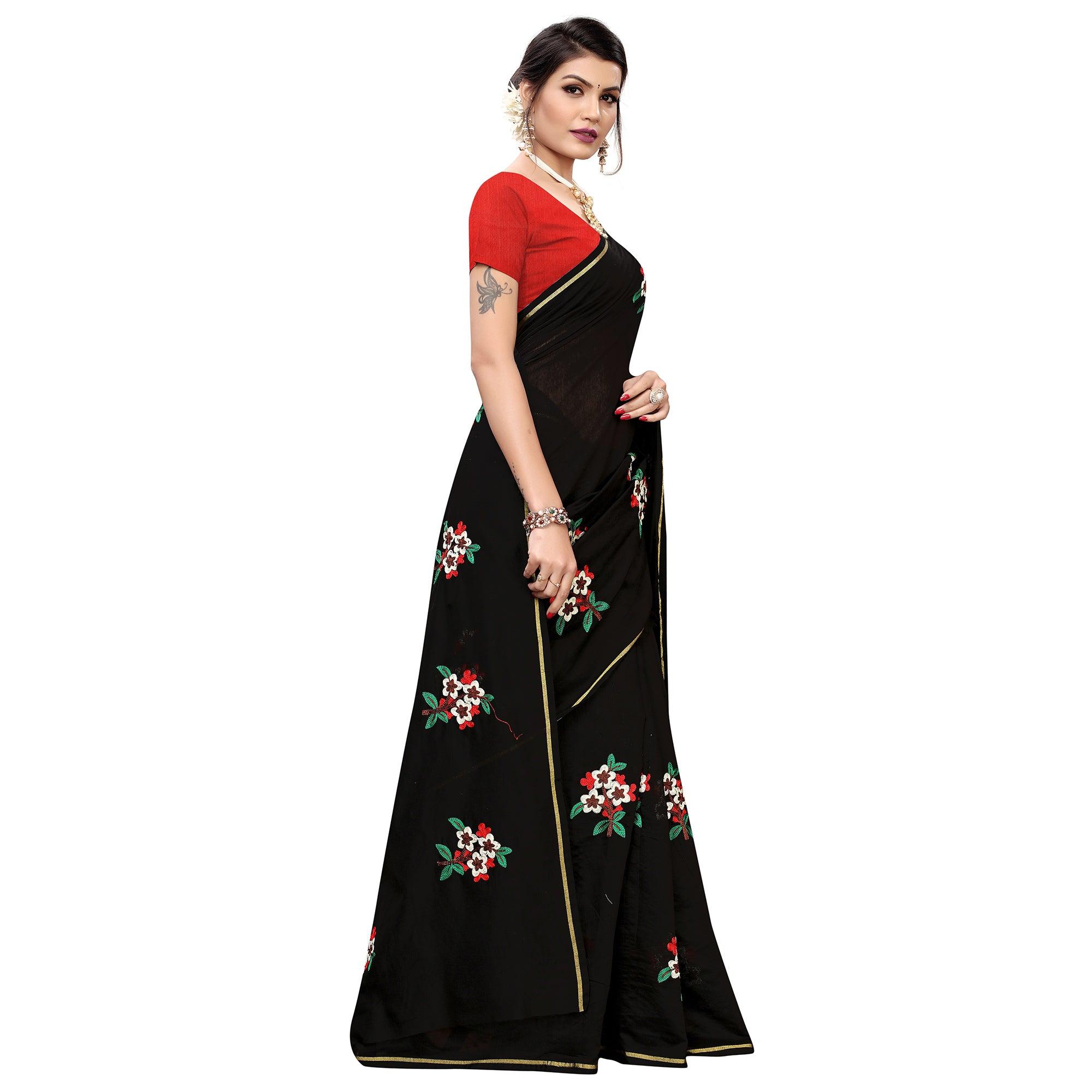 Lovely Black Colored Partywear Embroidered Chanderi Silk Saree - Peachmode