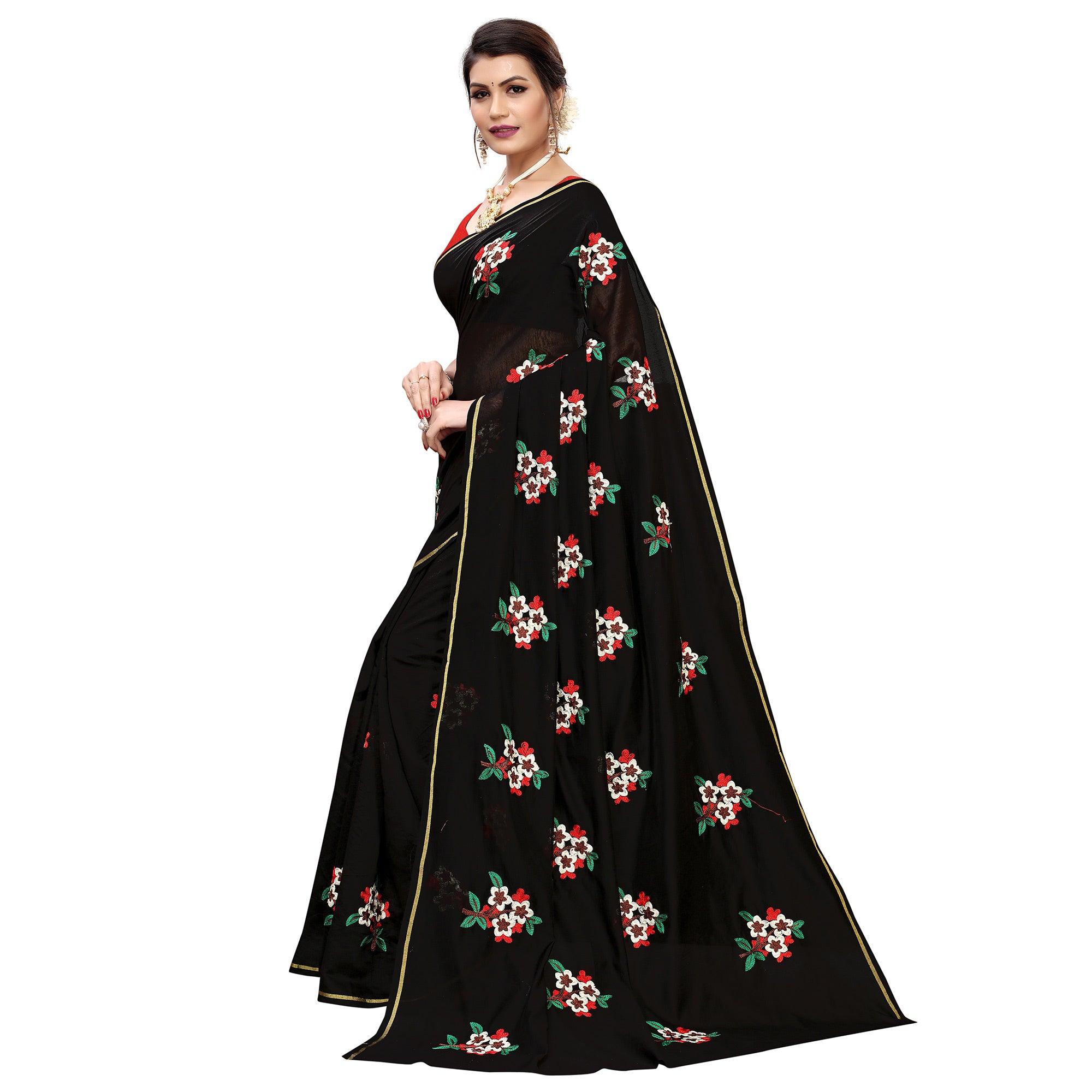 Lovely Black Colored Partywear Embroidered Chanderi Silk Saree - Peachmode