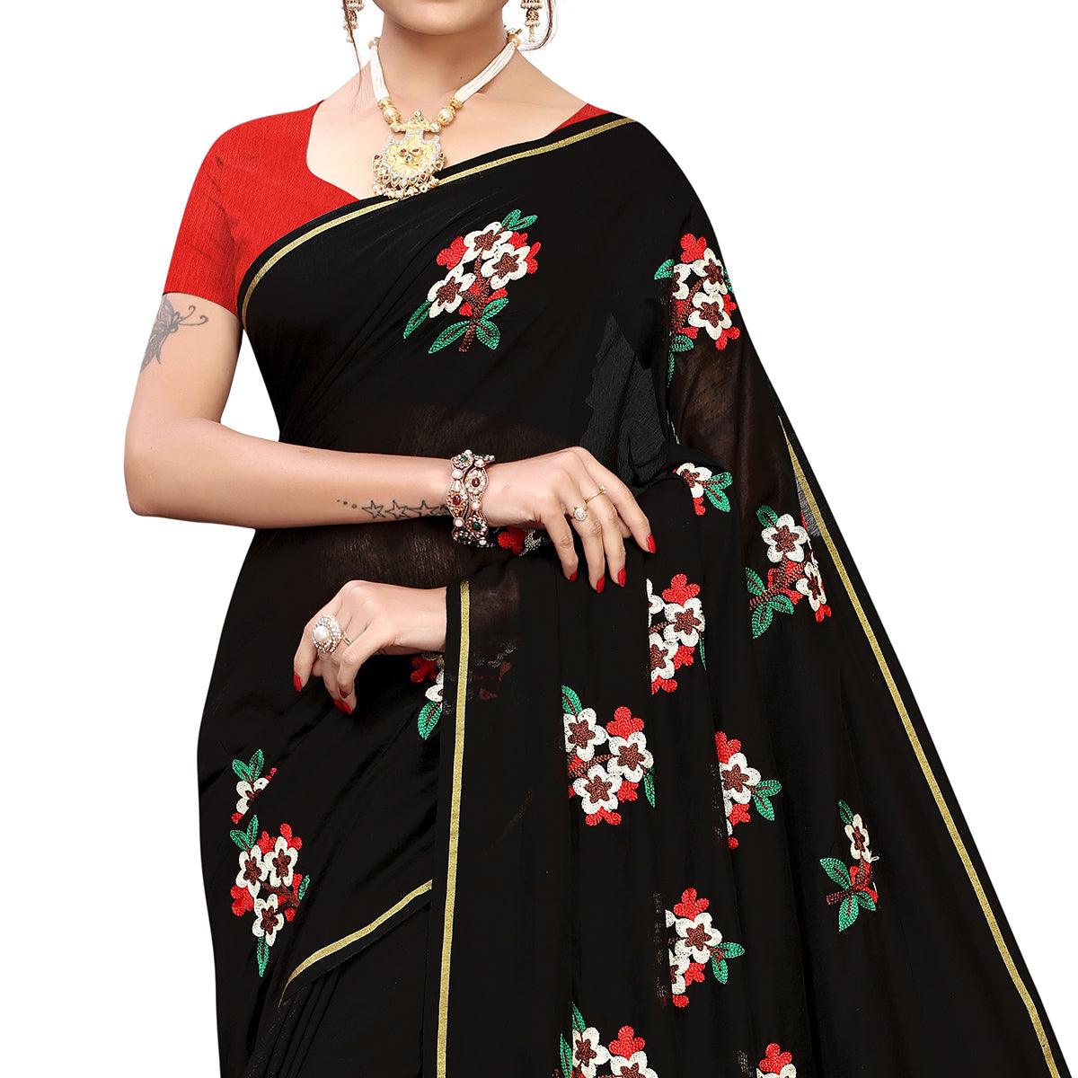 Lovely Black Colored Partywear Embroidered Chanderi Silk Saree - Peachmode