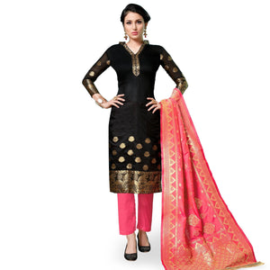 Lovely Black Colored Partywear Woven Cotton Dress Material - Peachmode