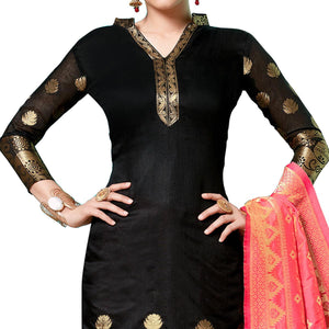 Lovely Black Colored Partywear Woven Cotton Dress Material - Peachmode