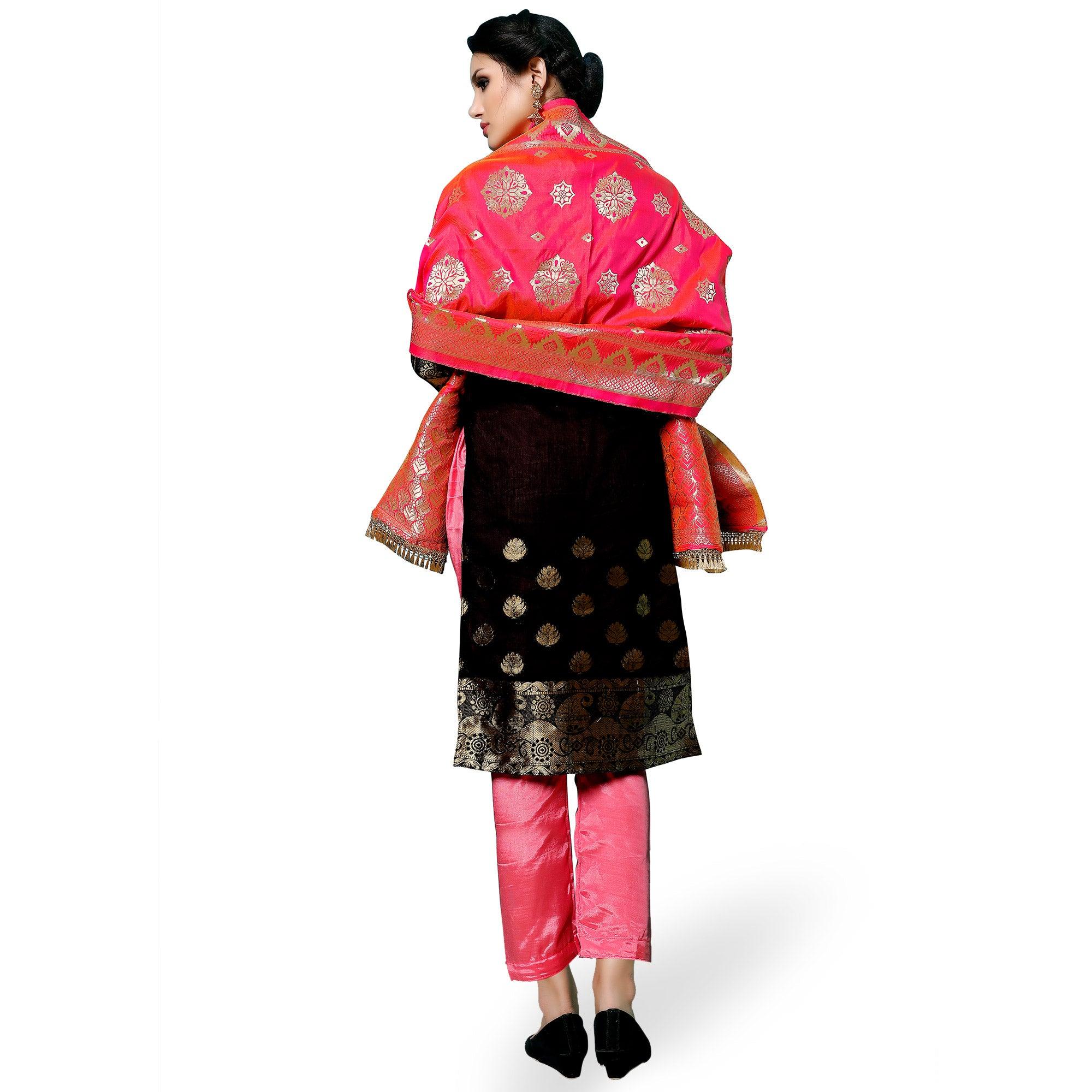 Lovely Black Colored Partywear Woven Cotton Dress Material - Peachmode