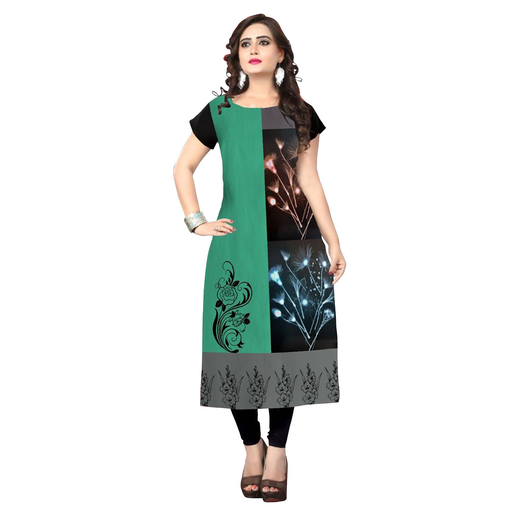 Lovely Black-Green Colored Casual Printed Crepe Kurti - Peachmode