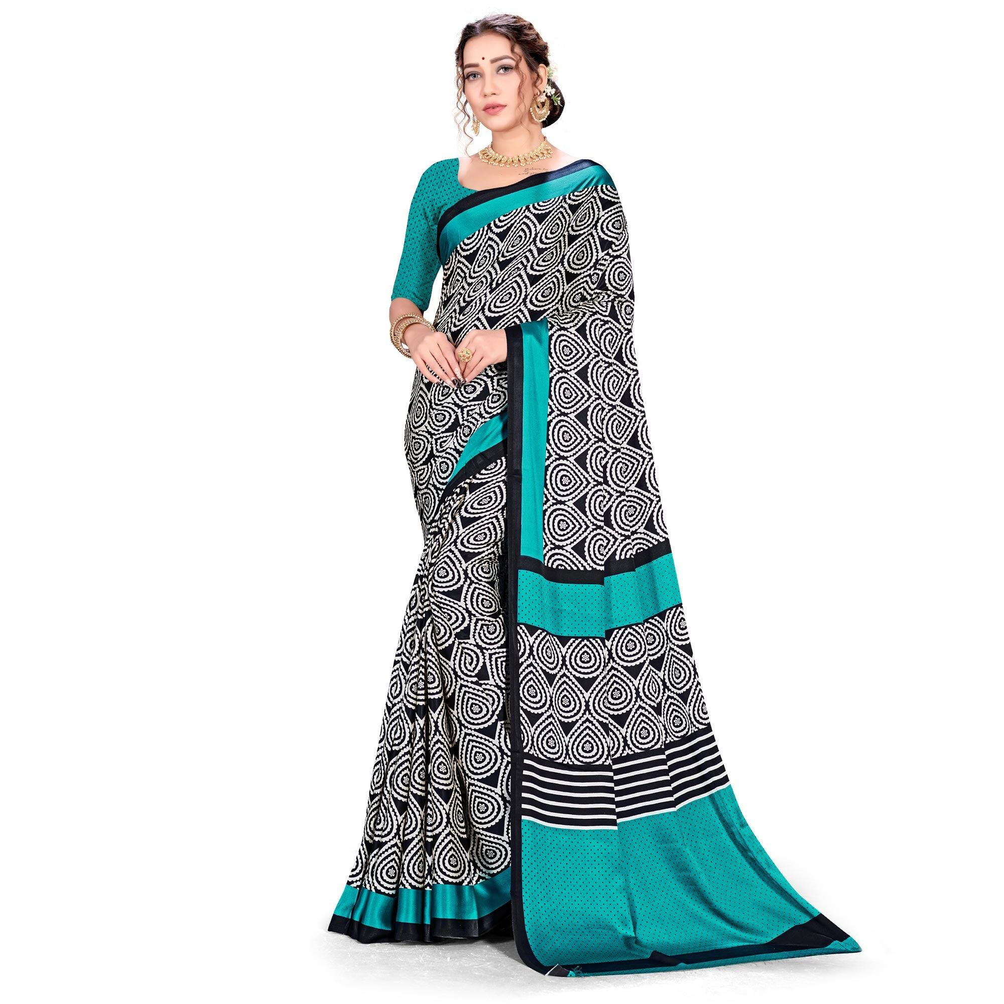 Lovely Blue-Black Colored Festive Wear Printed Satin Crepe Saree - Peachmode