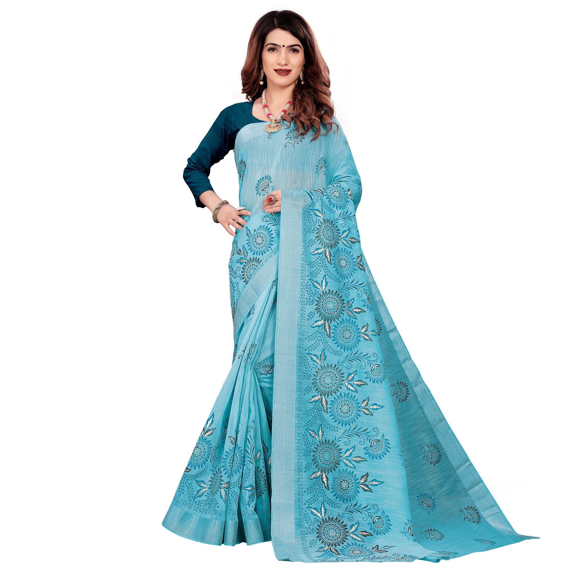 Lovely Blue Colored Casual Wear Printed Cotton Saree - Peachmode