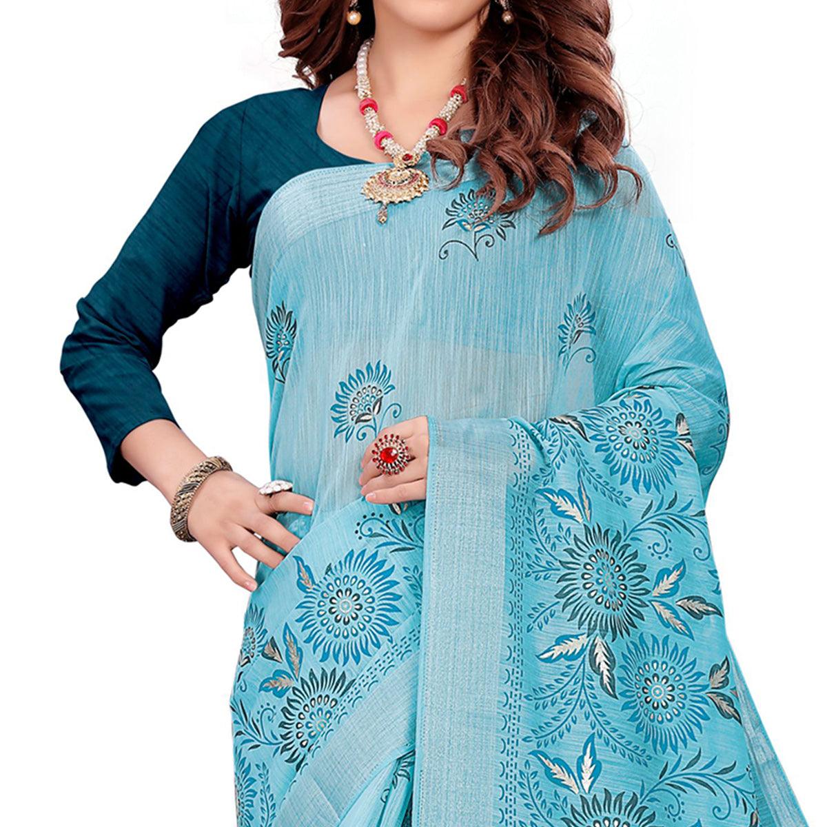 Lovely Blue Colored Casual Wear Printed Cotton Saree - Peachmode