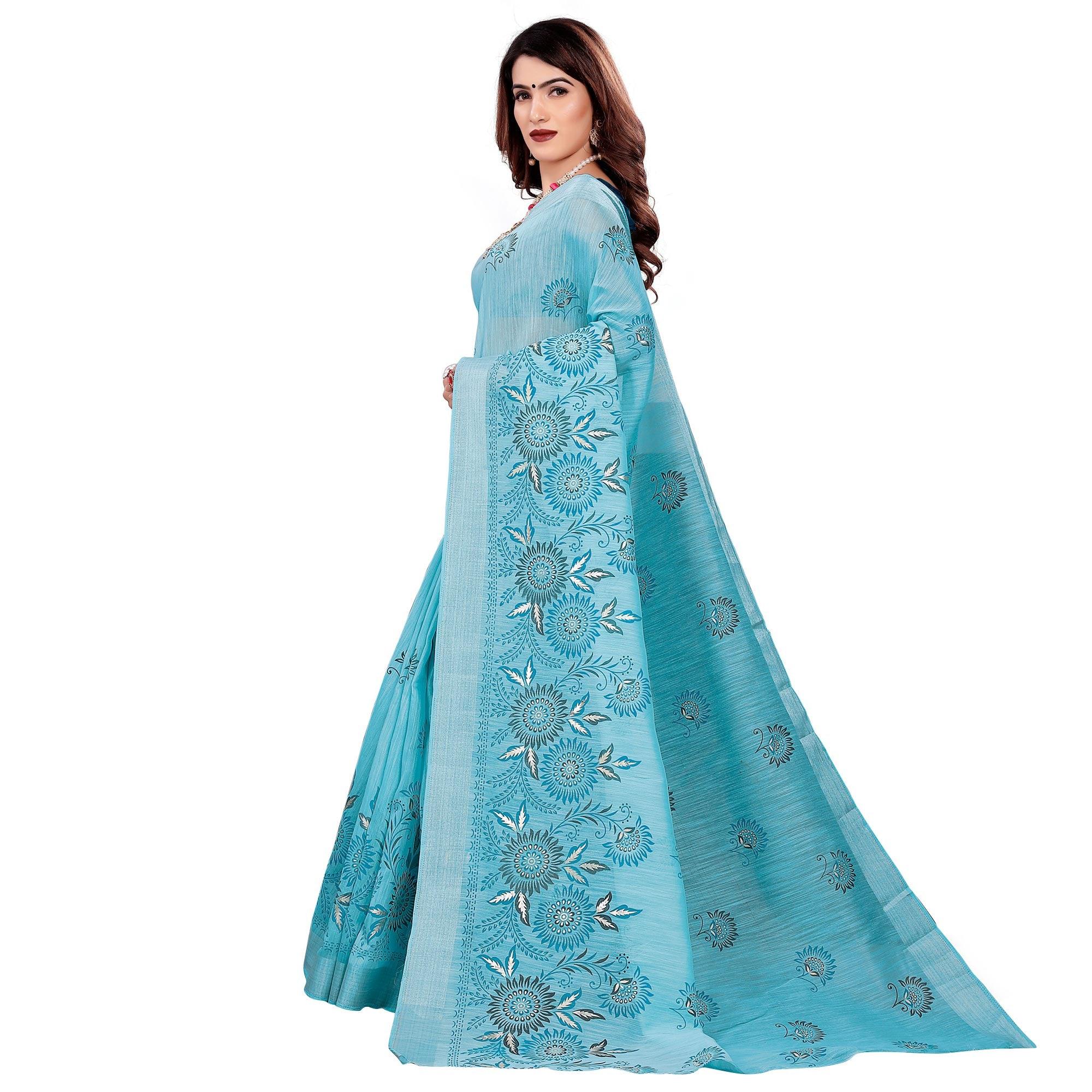 Lovely Blue Colored Casual Wear Printed Cotton Saree - Peachmode