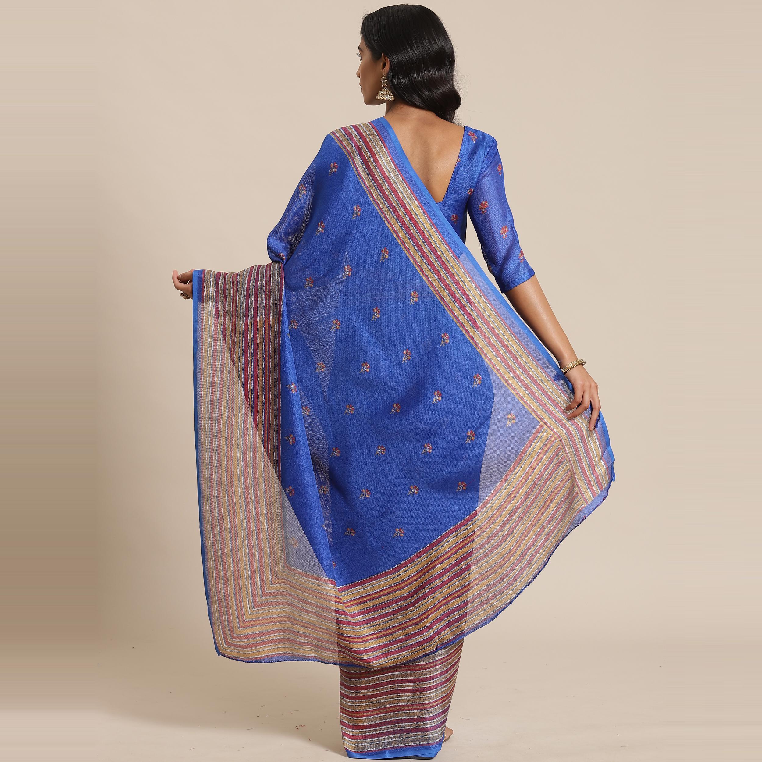 Lovely Blue Colored Casual Wear Printed Jute Silk Saree - Peachmode